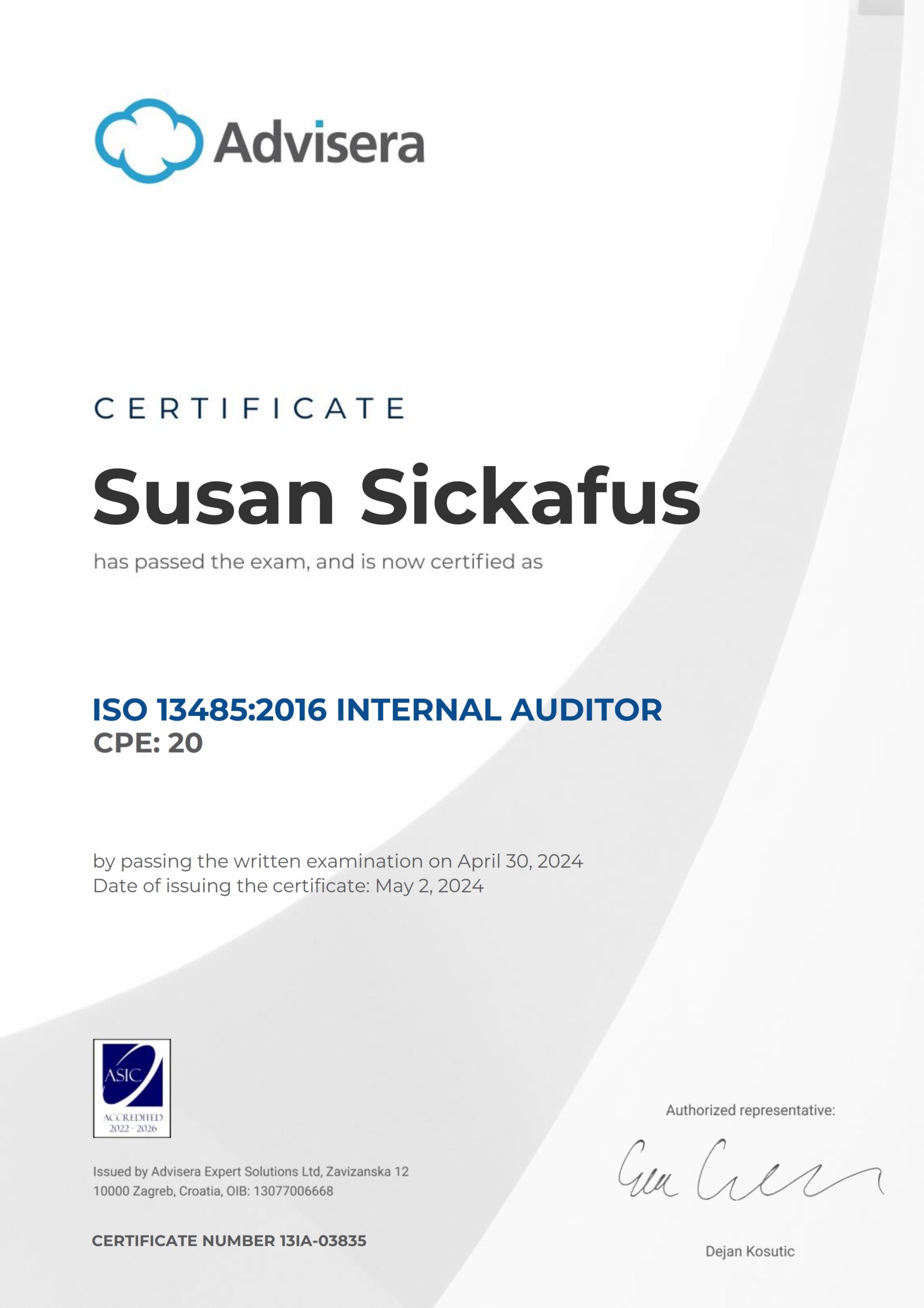 13IA-03835 Certificate ISO 13485 Internal Auditor Susan Sickafus