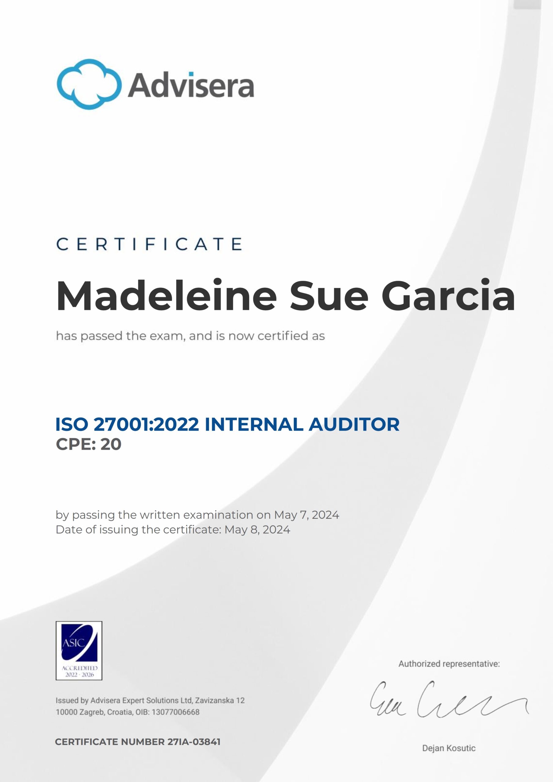27IA-03841 Certificate ISO 27001 Internal Auditor Madeleine Sue Garcia