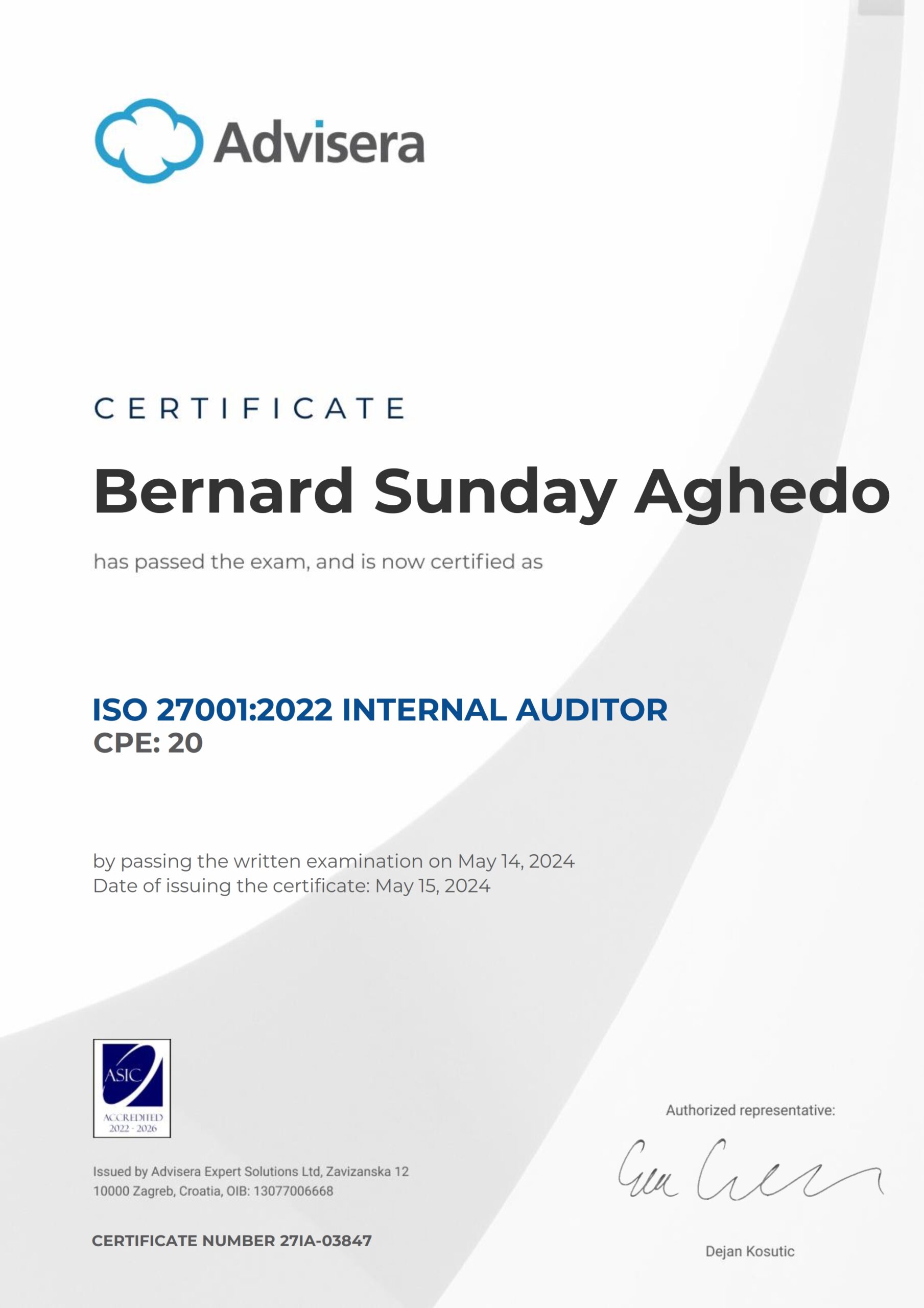 27IA-03847 Certificate ISO 27001 Internal Auditor Bernard Sunday Aghedo