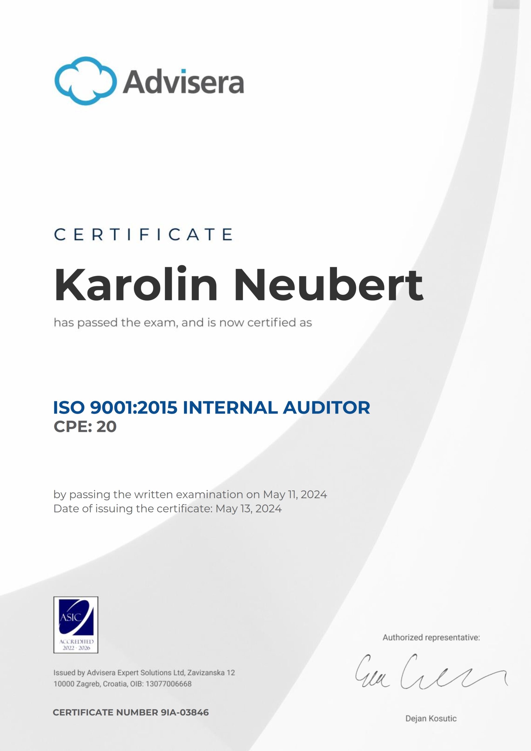 9IA-03846 Certificate ISO 9001 Internal Auditor Karolin Neubert