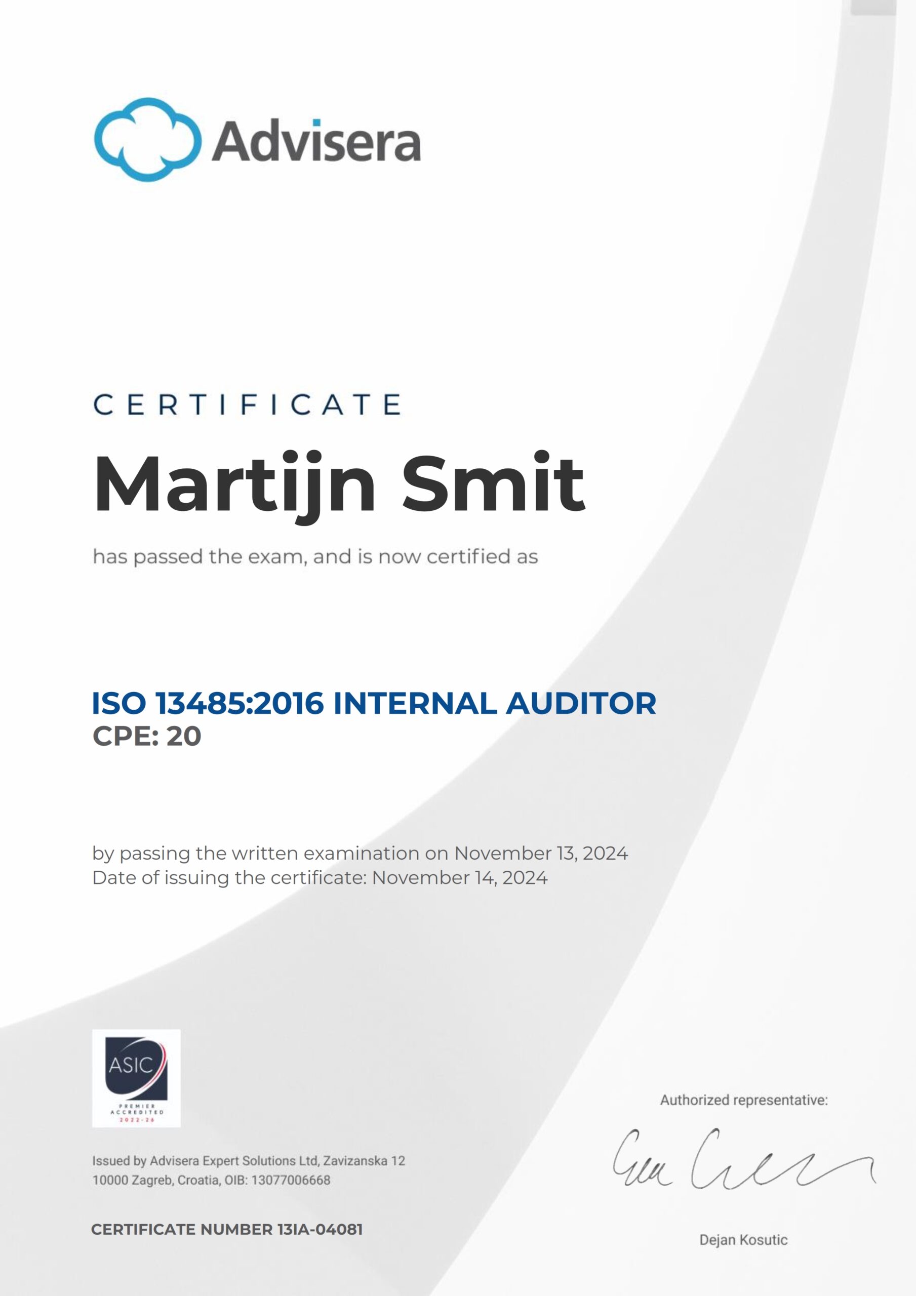 13IA-04081 Certificate ISO 13485 Internal Auditor Martijn Smit