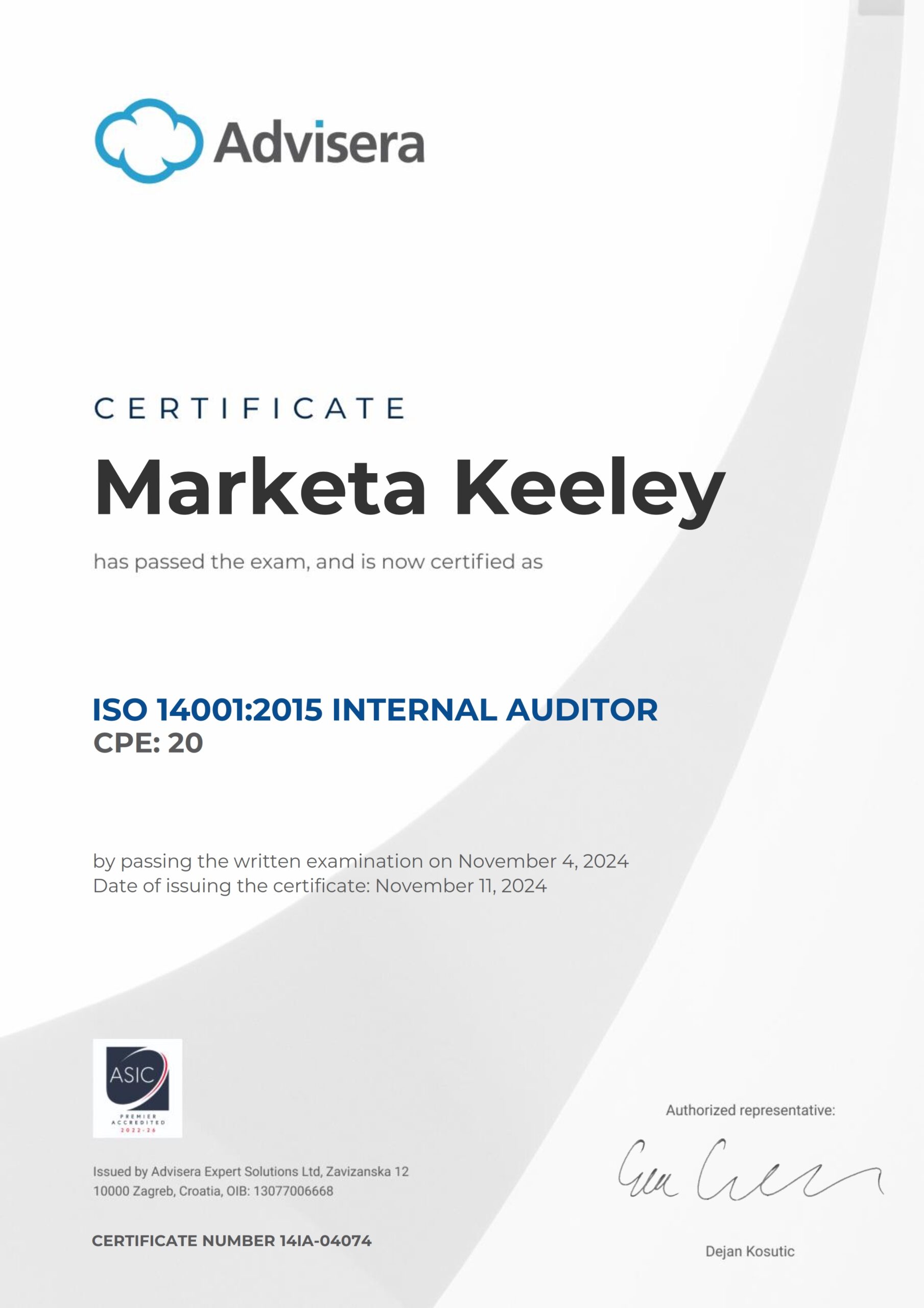 14IA-04074 Certificate ISO 14001 Internal Auditor Marketa Keeley