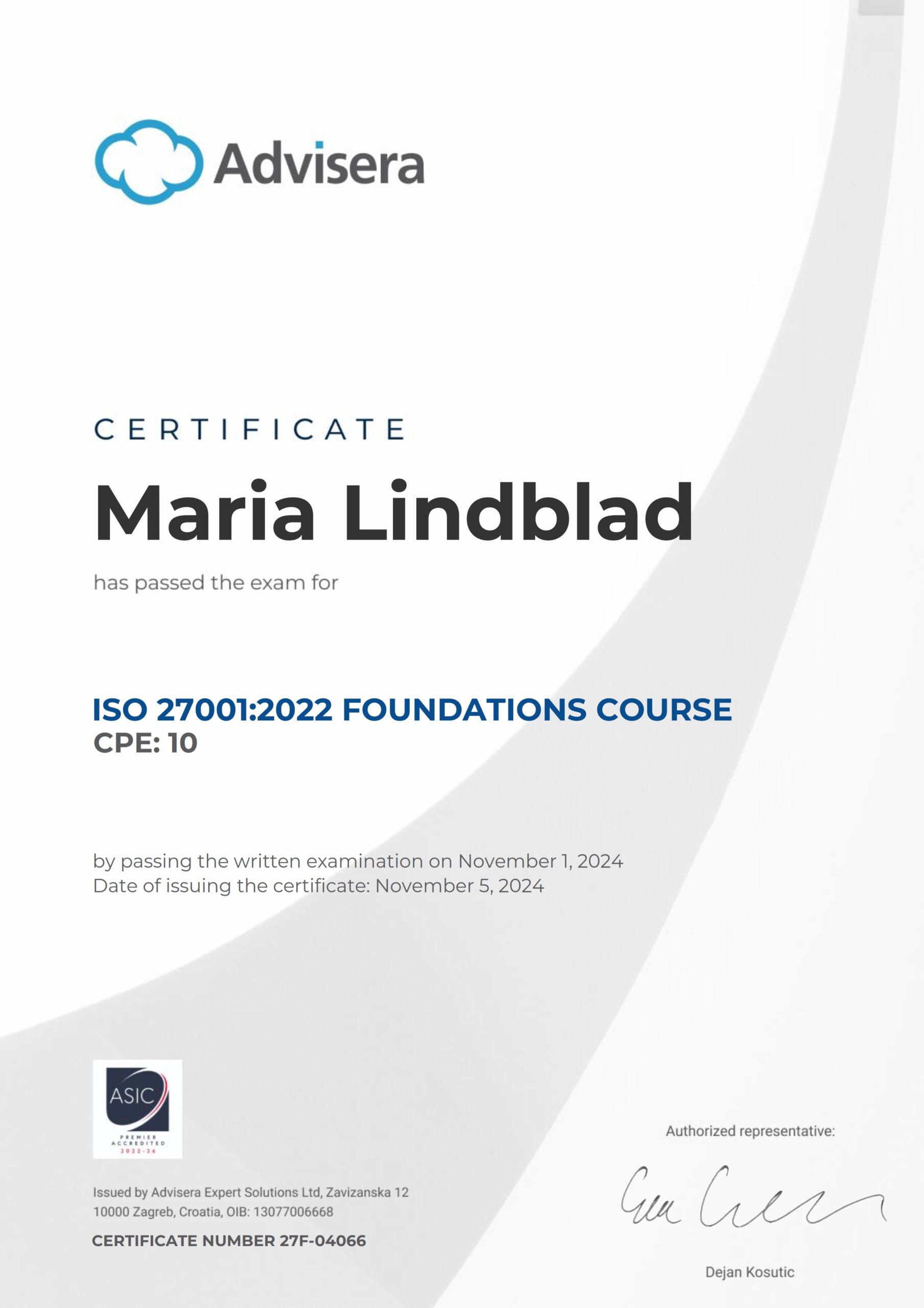 27F-04066 Certificate ISO 27001 Foundations Maria Lindblad