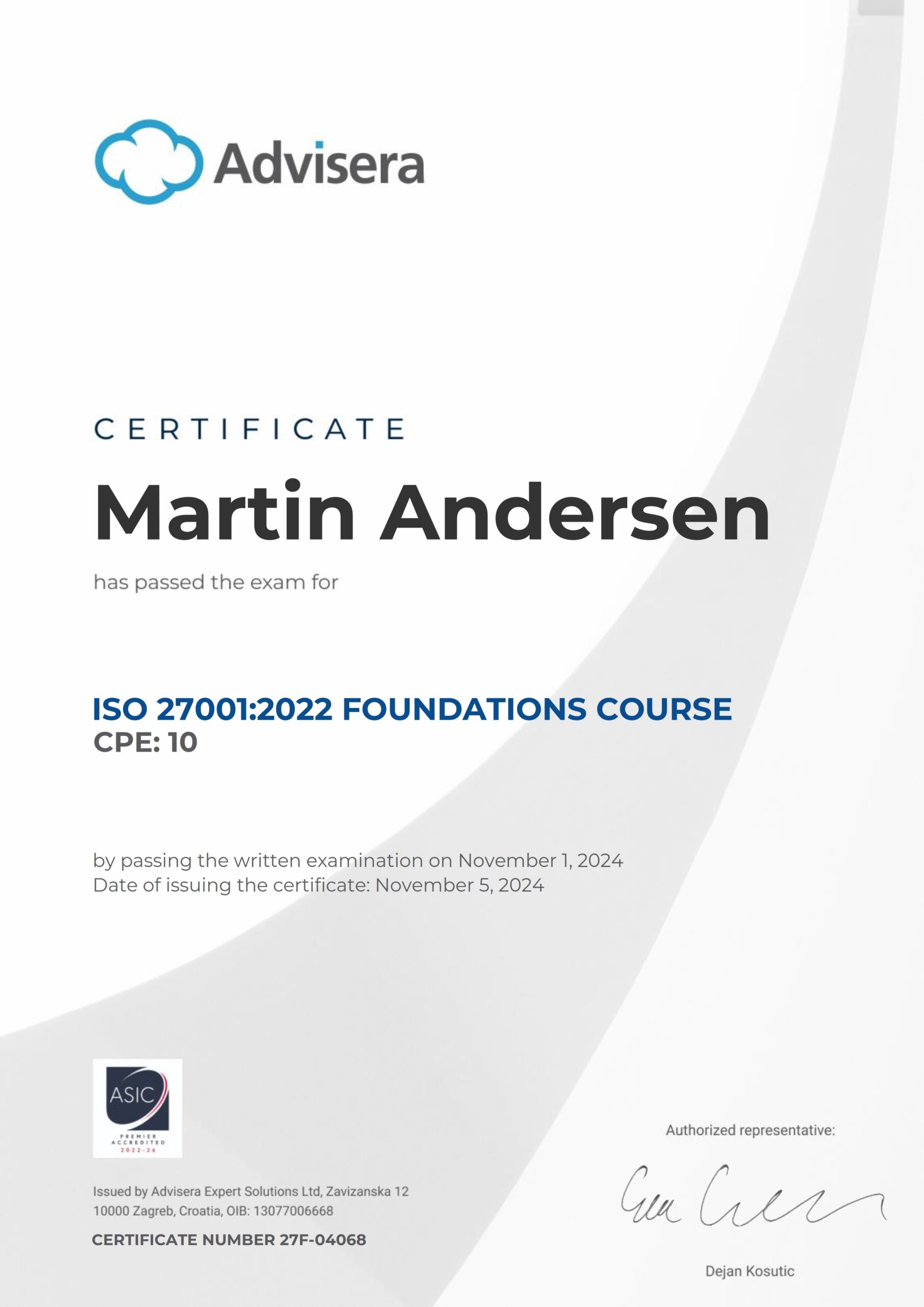 27F-04068 Certificate ISO 27001 Foundations Martin Andersen
