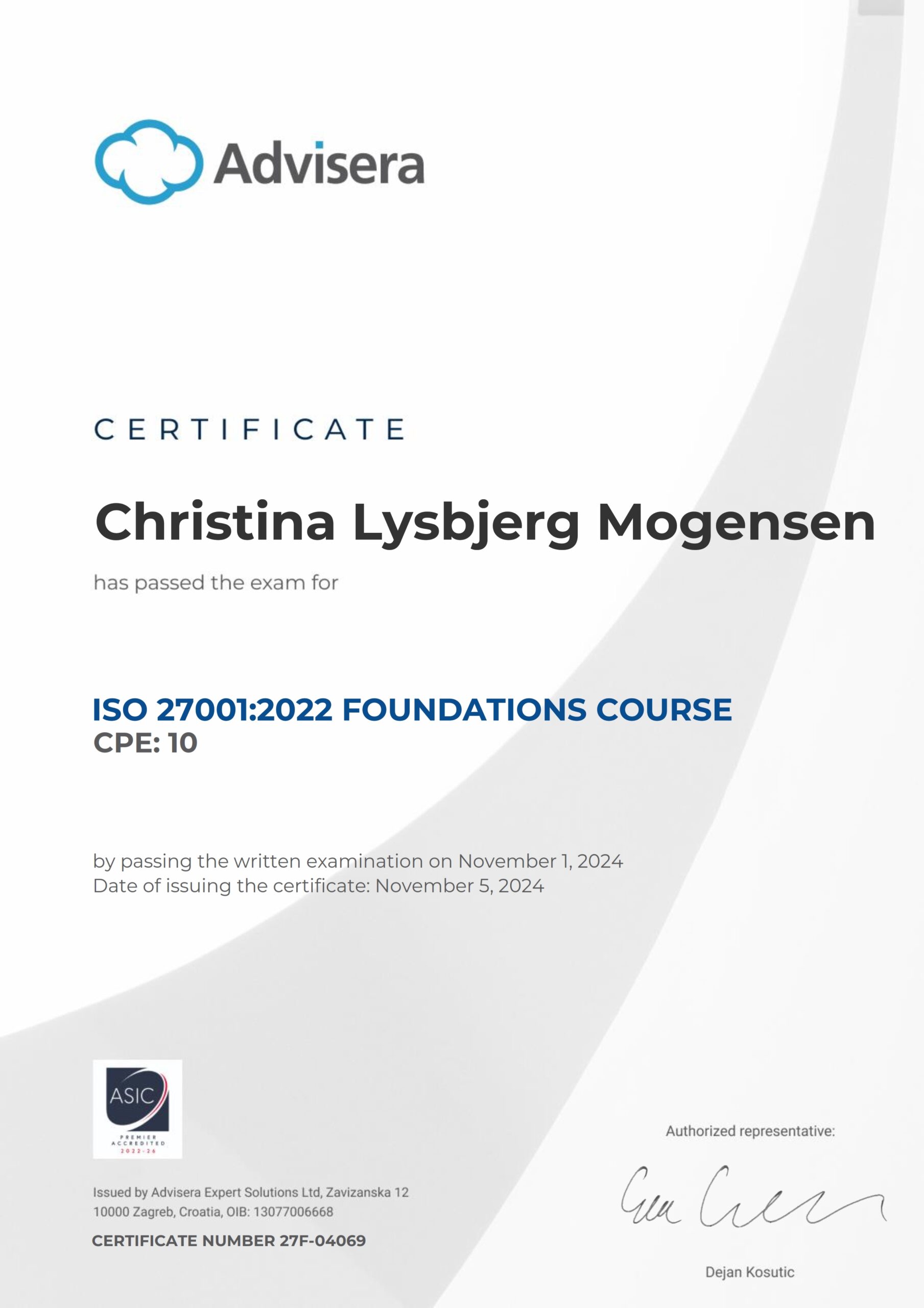 27F-04069 Certificate ISO 27001 Foundations Christina Lysbjerg Mogensen