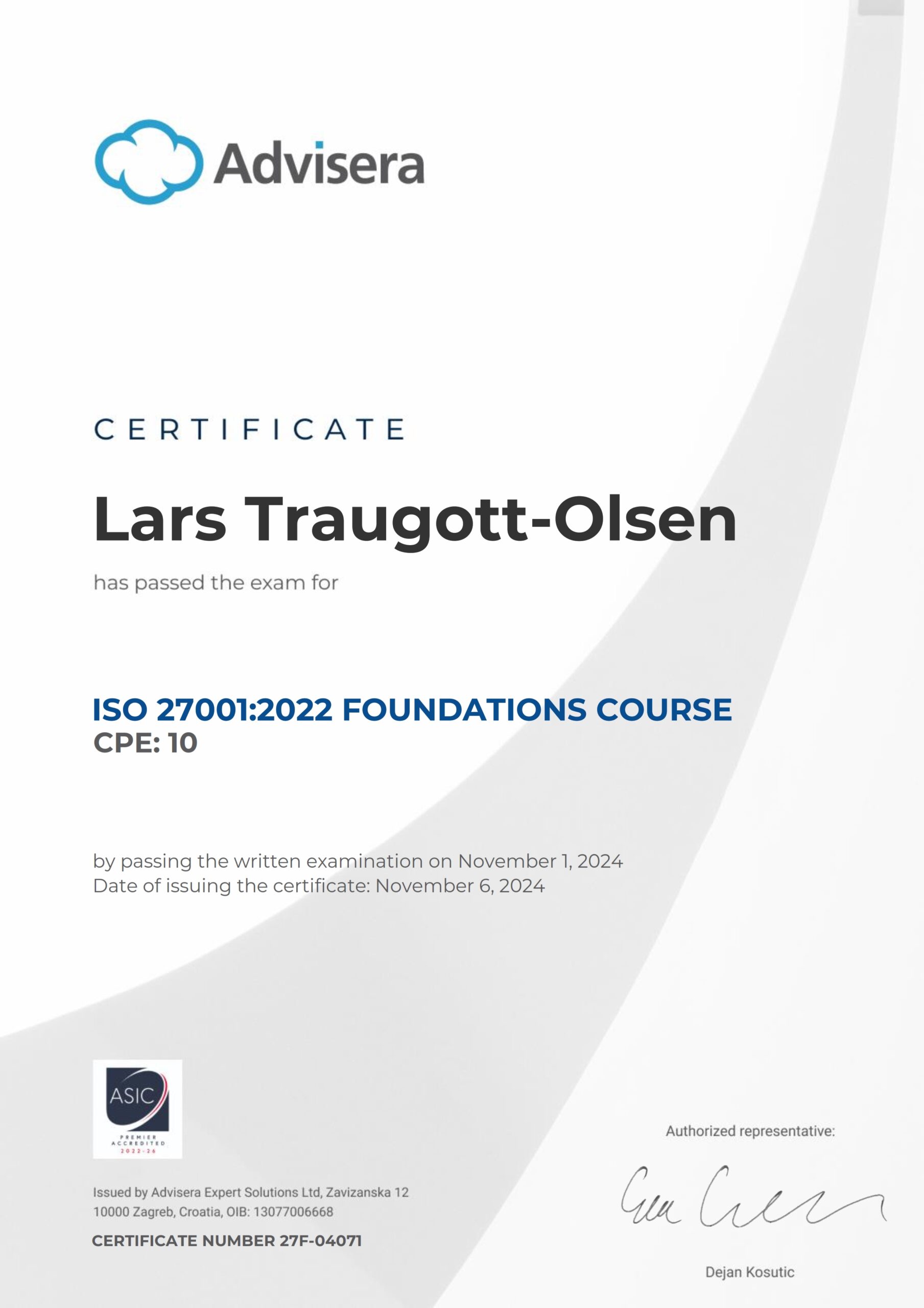 27F-04071 Certificate ISO 27001 Foundations Lars Traugott-Olsen