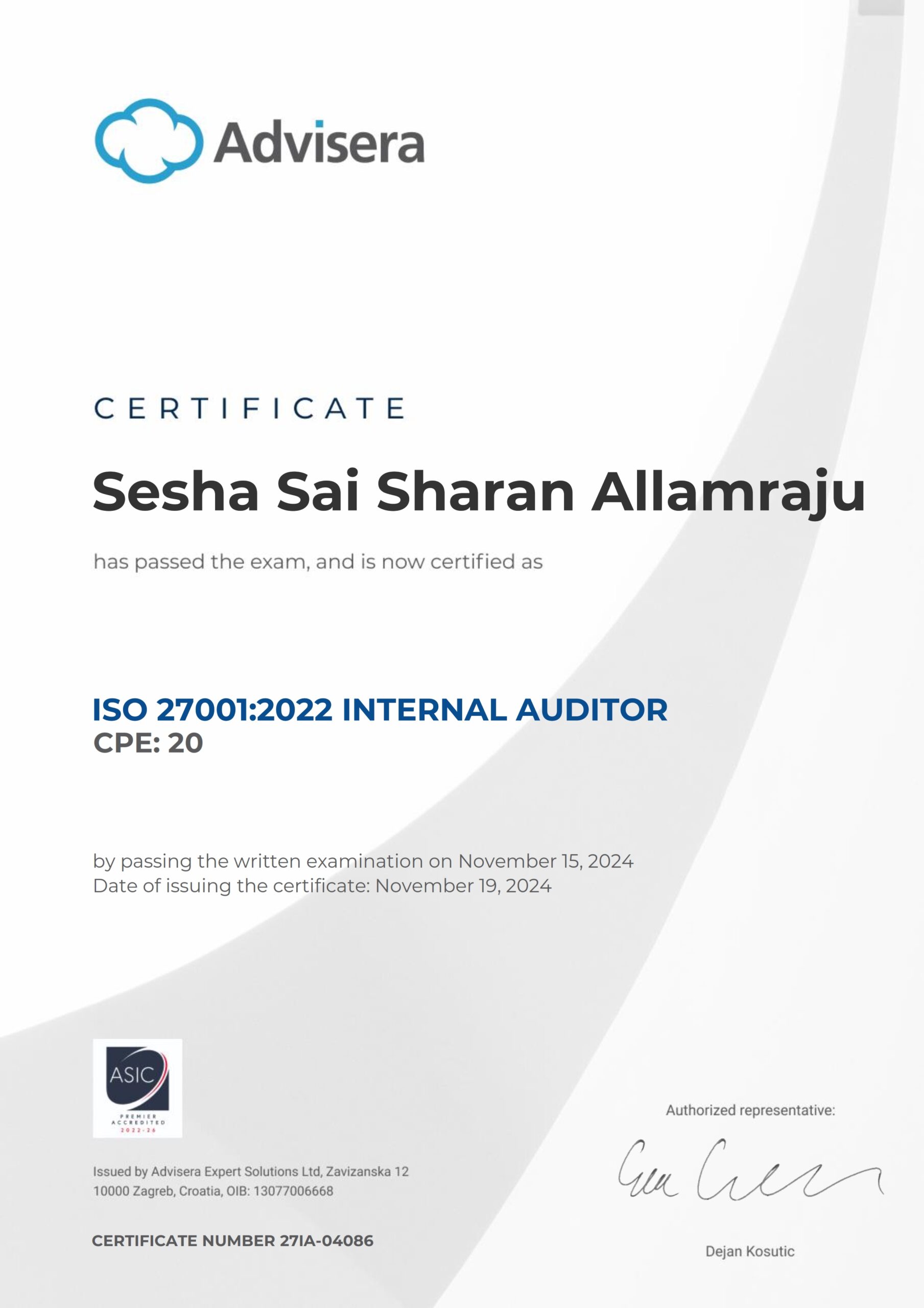 27IA-04086 Certificate ISO 27001 Internal Auditor Sesha Sai Sharan Allamraju