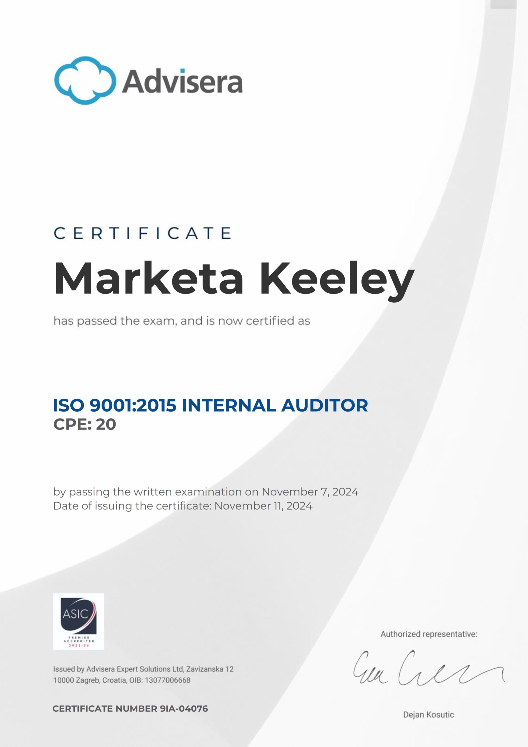 9IA-04076 Certificate ISO 9001 Internal Auditor Marketa Keeley
