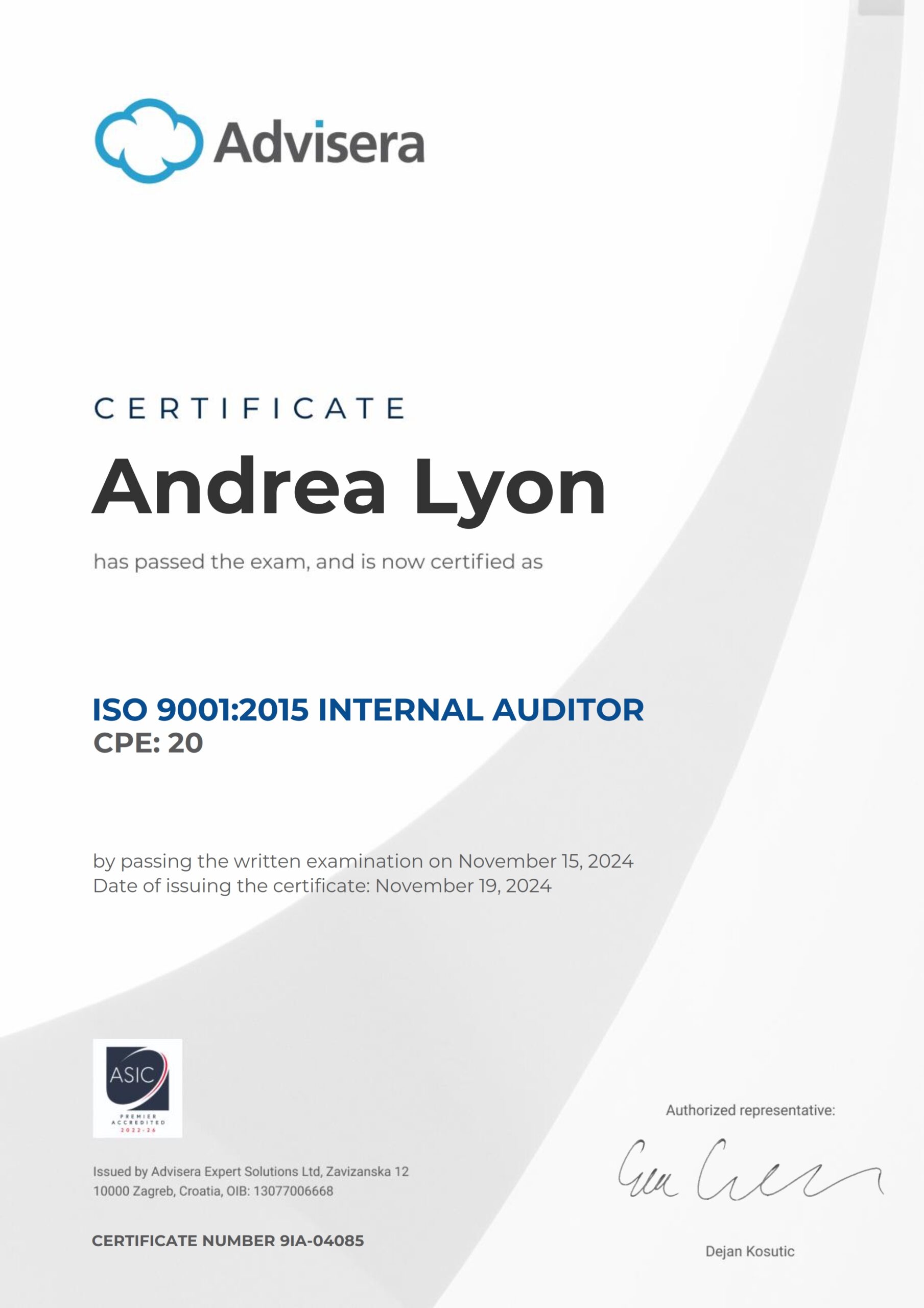 9IA-04085 Certificate ISO 9001 Internal Auditor Andrea Lyon