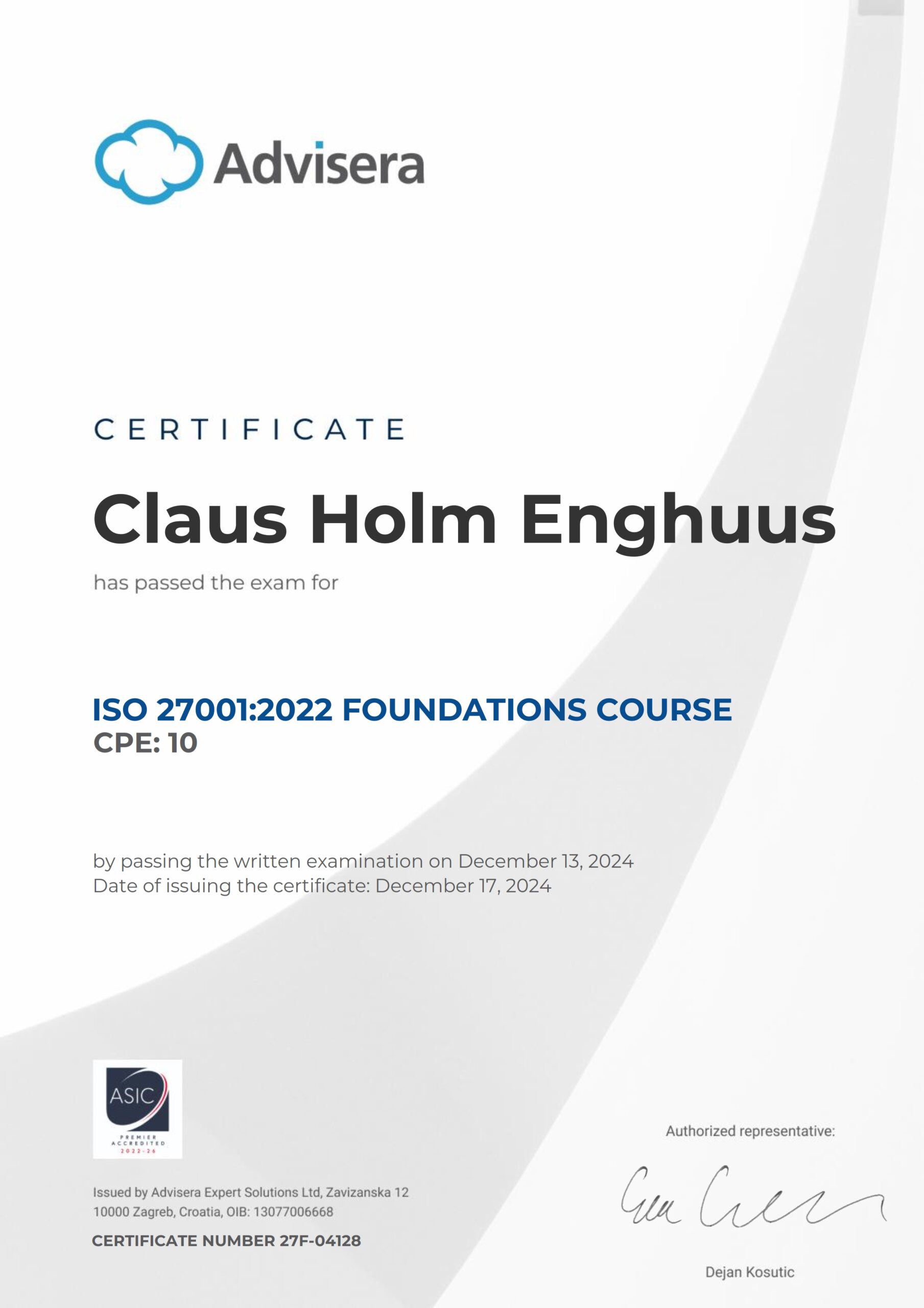 27F-04128 Certificate ISO 27001 Foundations Claus Holm Enghuus