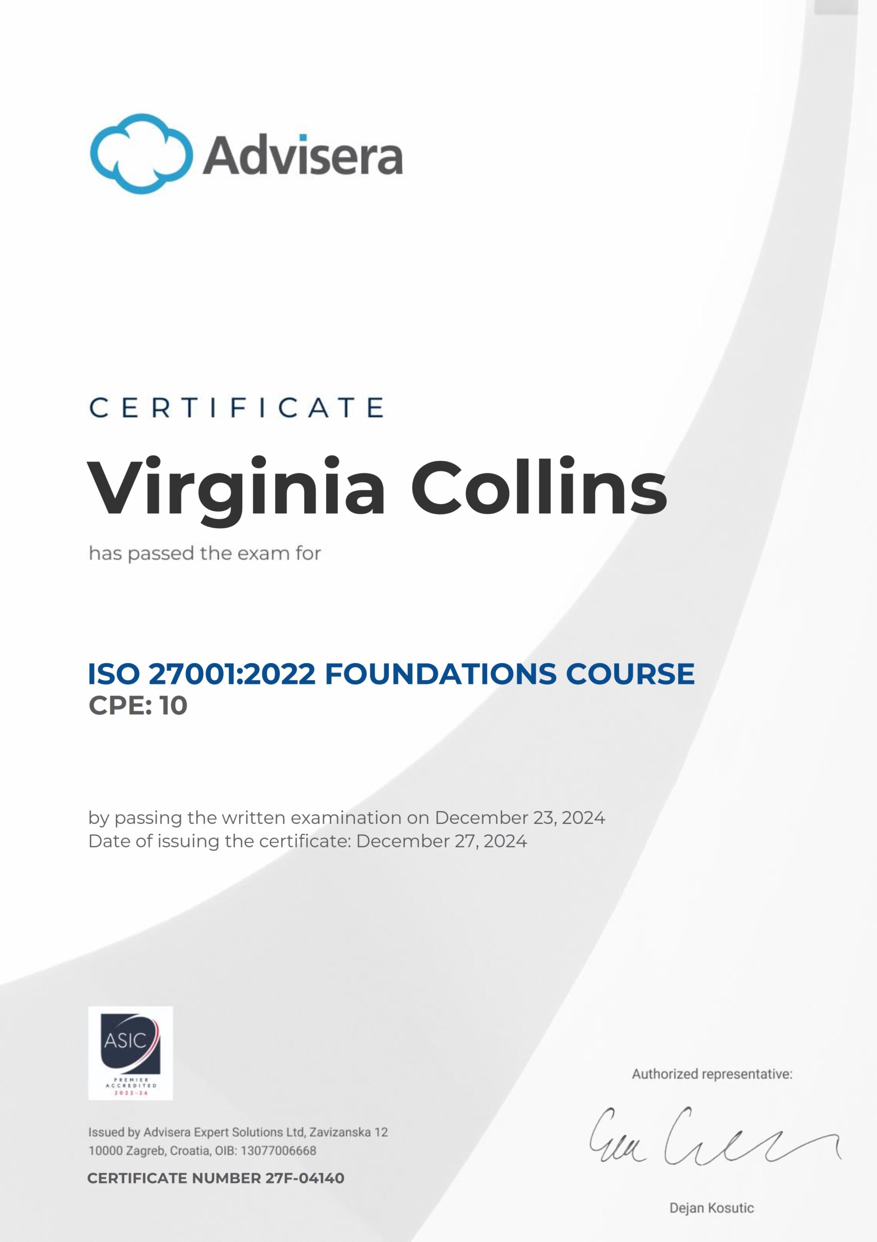 27F-04140 Certificate ISO 27001 Foundations Virginia Collins