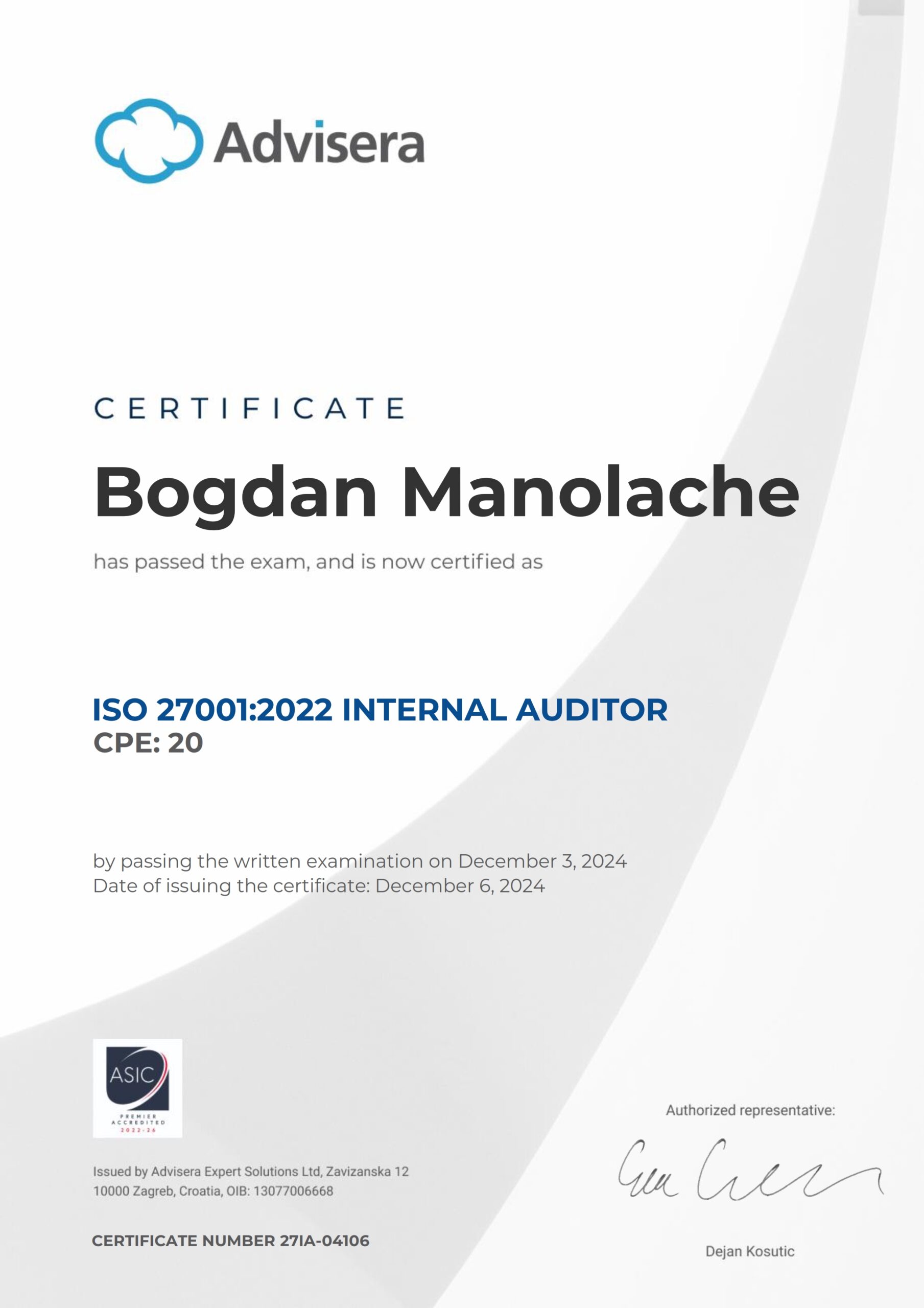 27IA-04106 Certificate ISO 27001 Internal Auditor Bogdan Manolache
