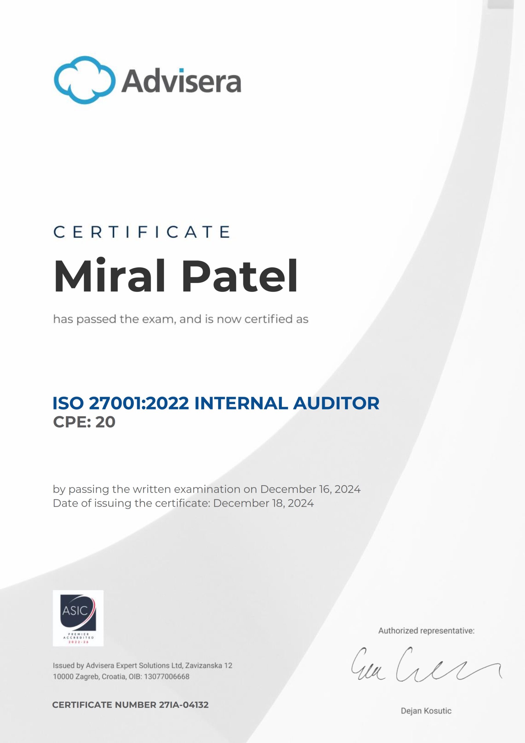 27IA-04132 Certificate ISO 27001 Internal Auditor Miral Patel