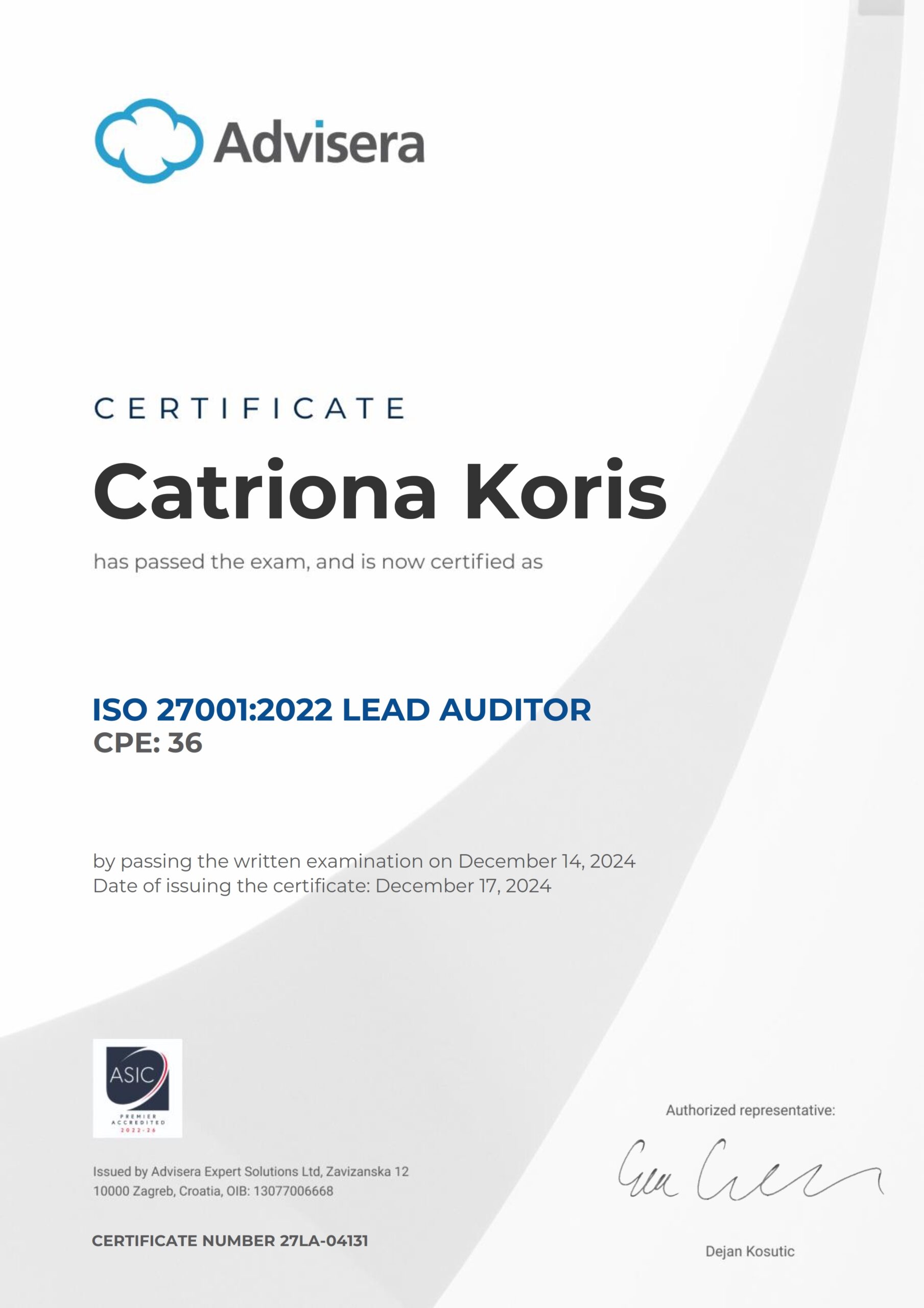 27LA-04131 Certificate ISO 27001 Lead Auditor Catriona Koris