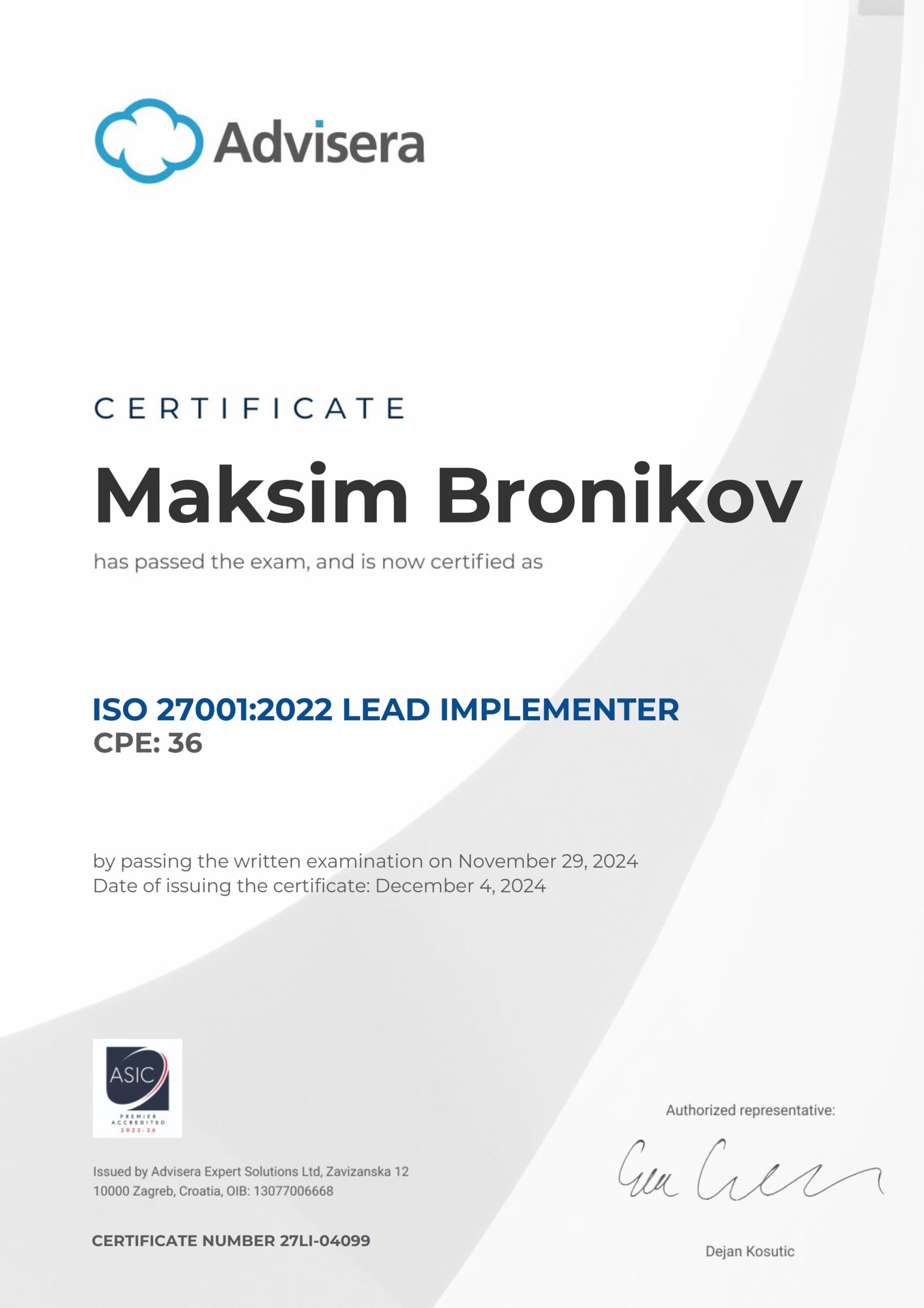 27LI-04099 Certificate ISO 27001 Lead Implementer Maksim Bronikov