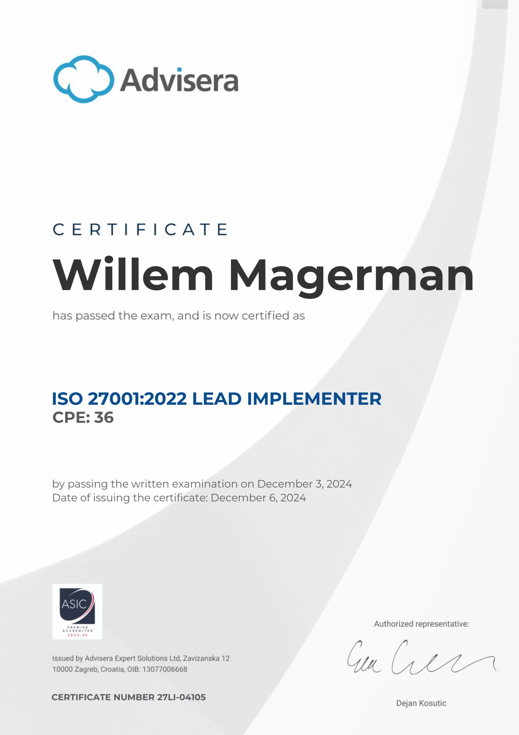 27LI-04105 Certificate ISO 27001 Lead Implementer Willem Magerman