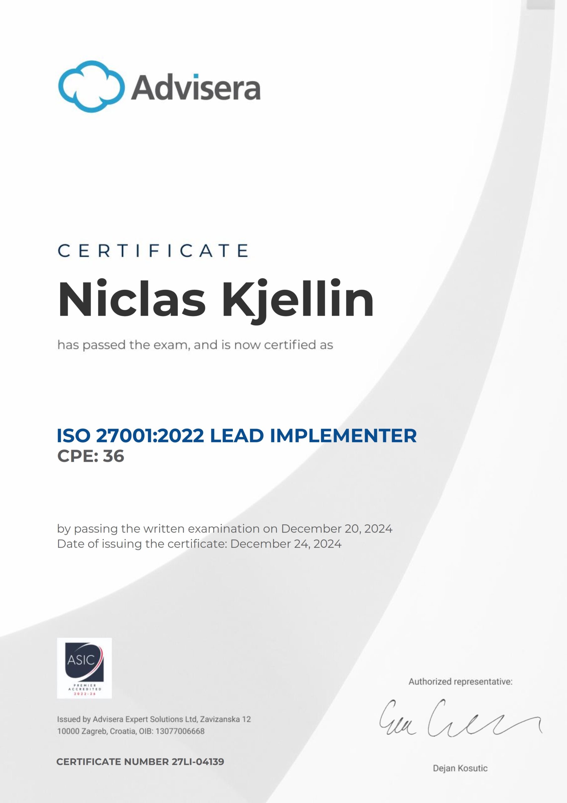 27LI-04139 Certificate ISO 27001 Lead Implementer Niclas Kjellin