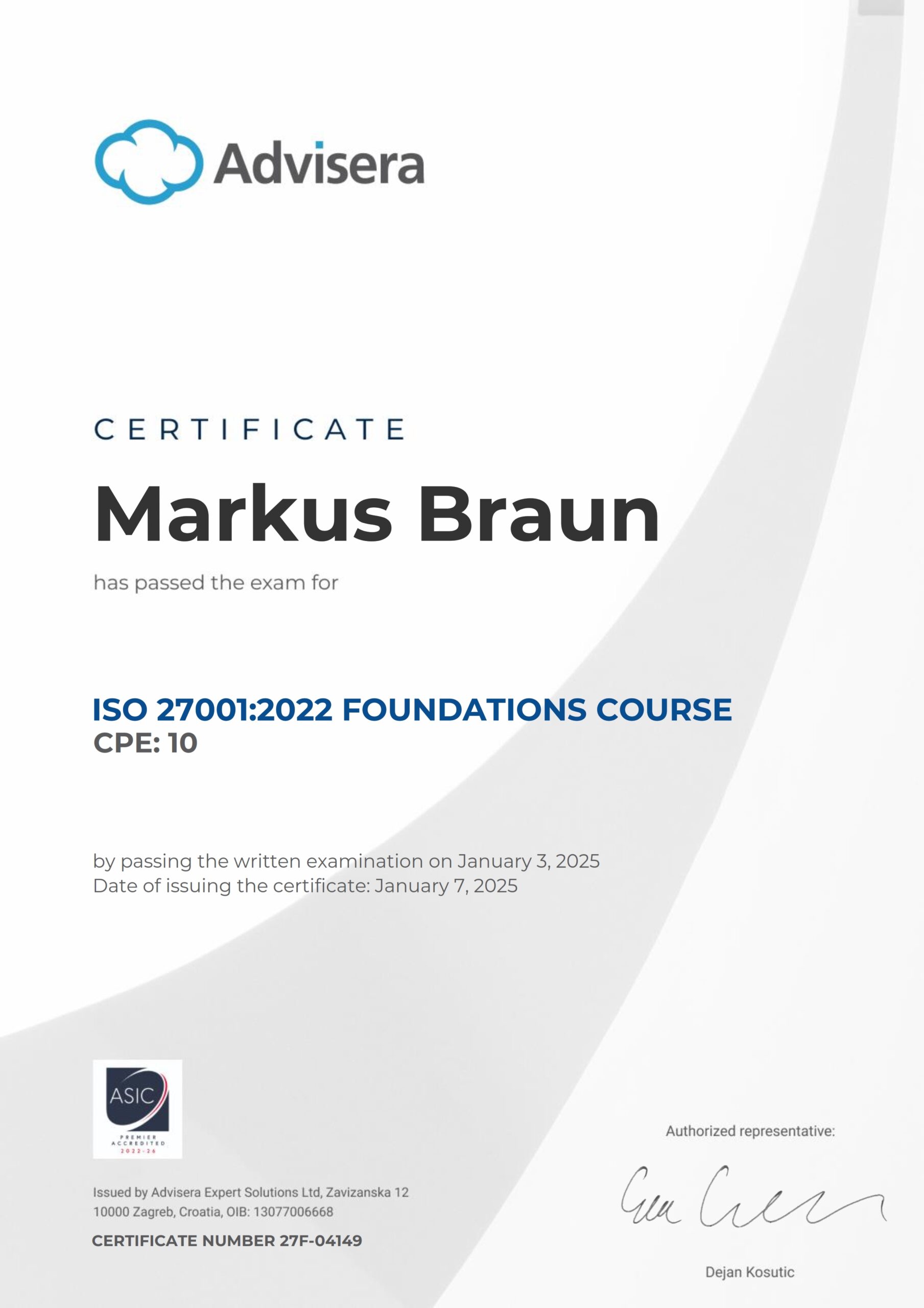 27F-04149 Certificate ISO 27001 Foundations Markus Braun