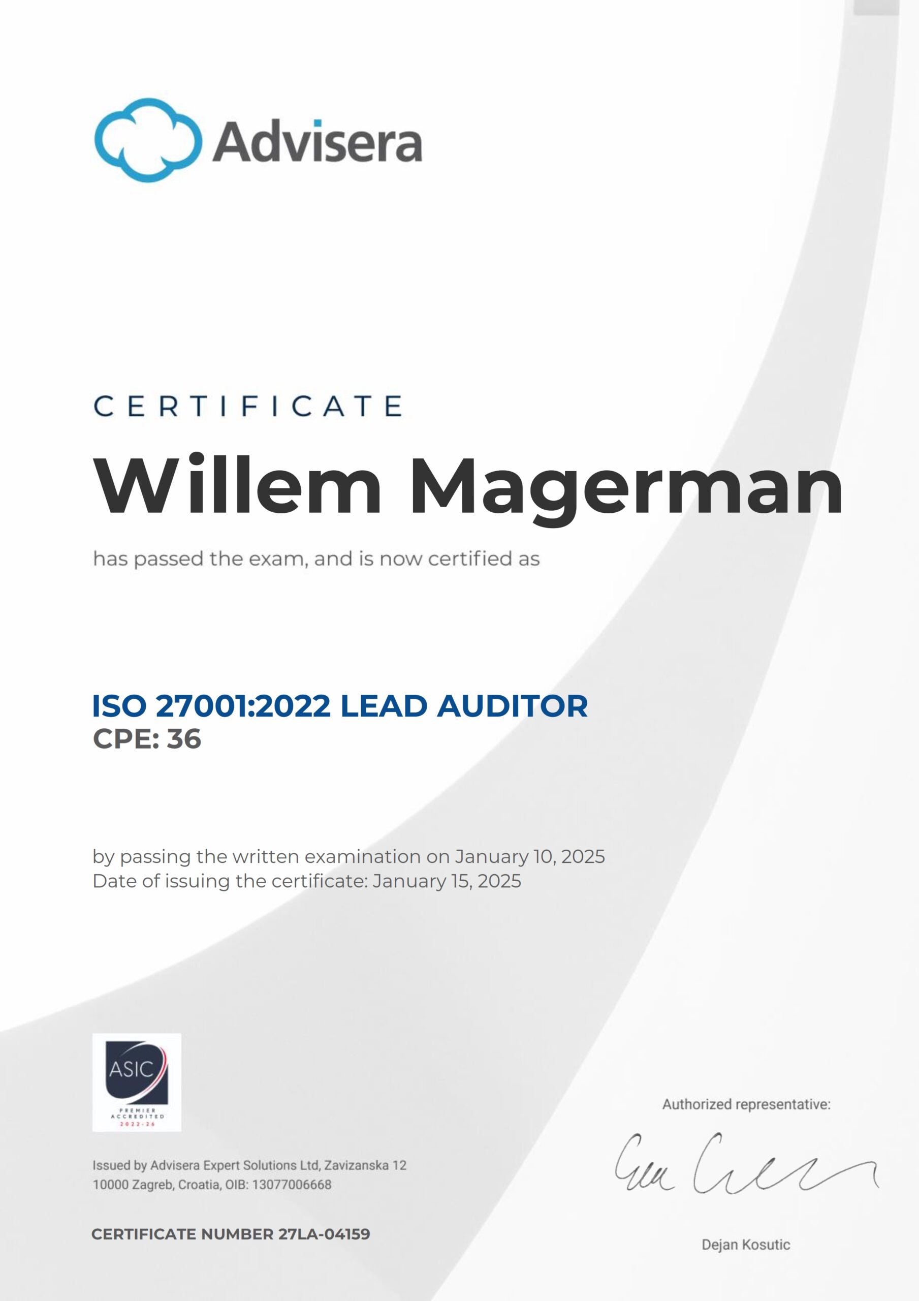 27LA-04159 Certificate ISO 27001 Lead Auditor Willem Magerman