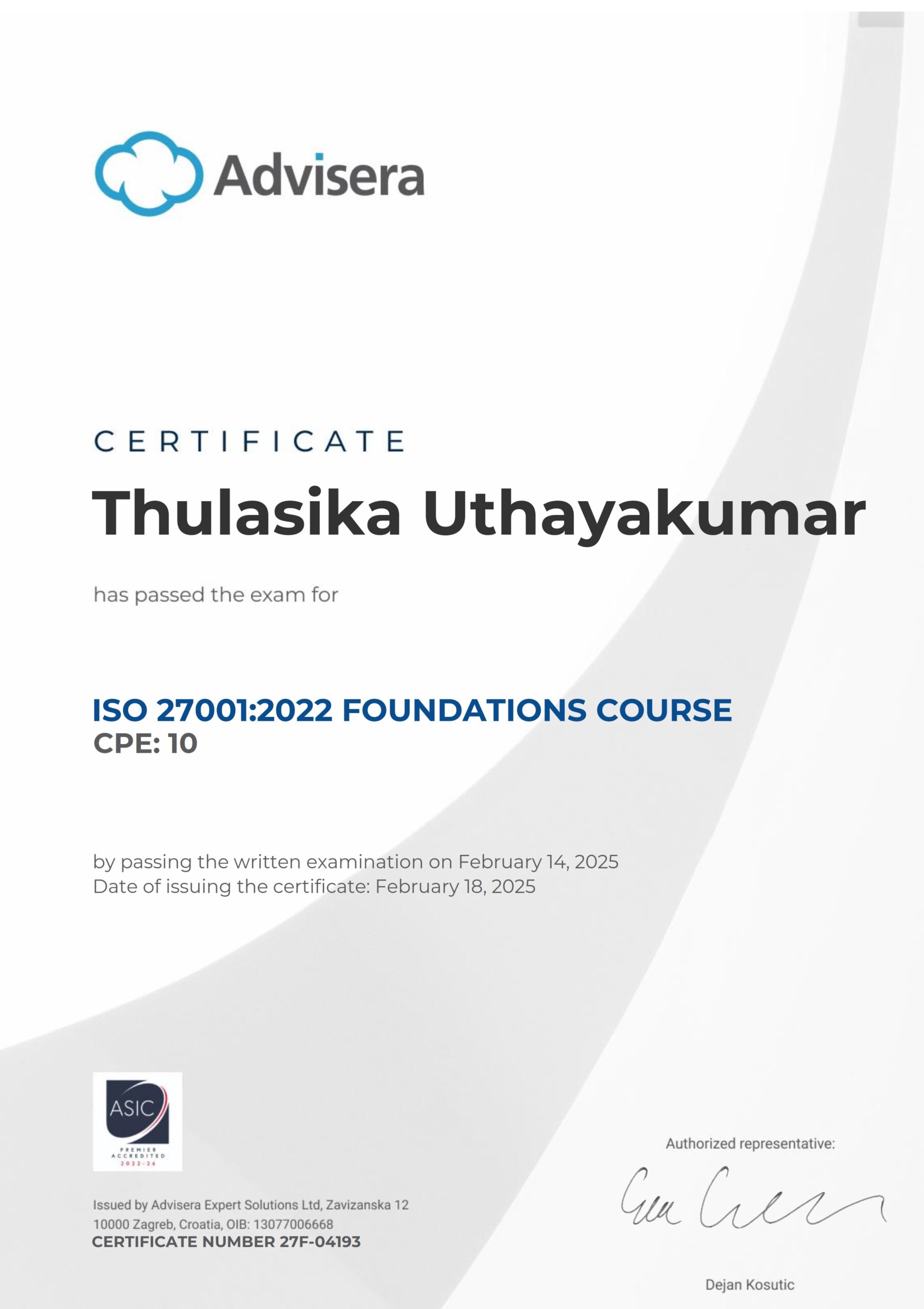 27F-04193 Certificate ISO 27001 Foundations Thulasika Uthayakumar