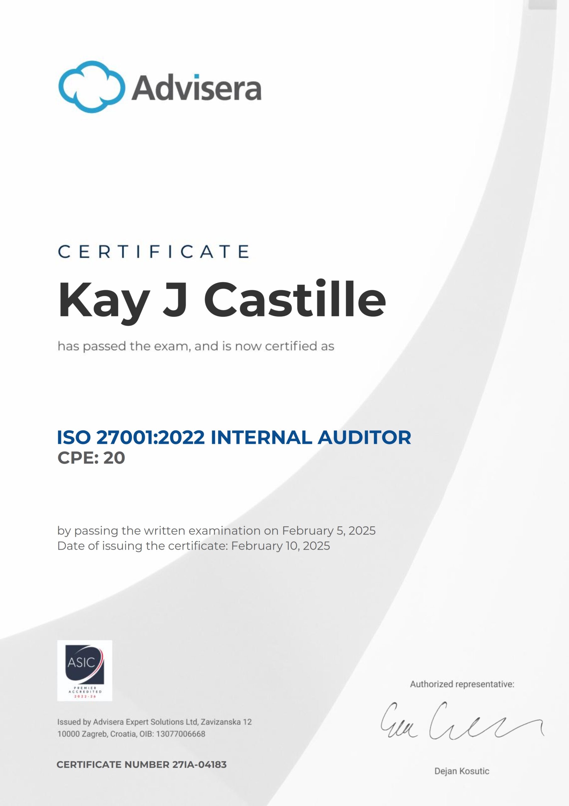 27IA-04183 Certificate ISO 27001 Internal Auditor Kay J Castille