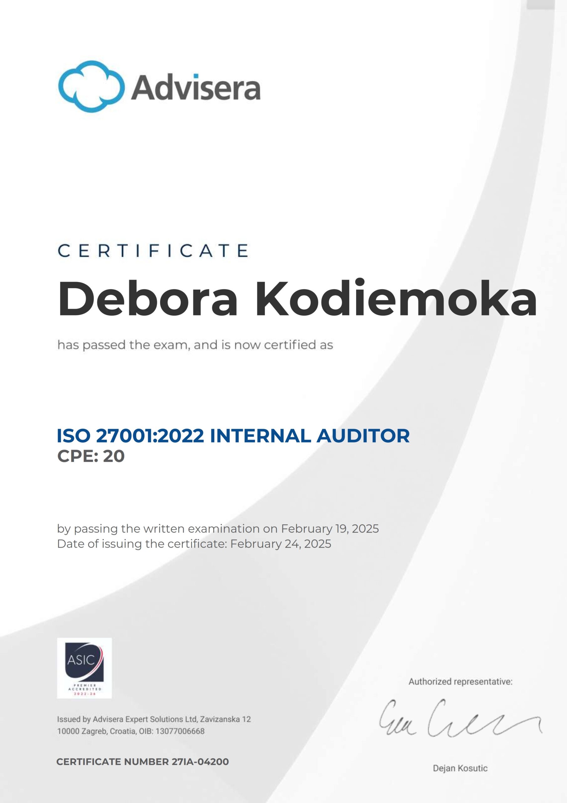 27IA-04200 Certificate ISO 27001 Internal Auditor Debora Kodiemoka