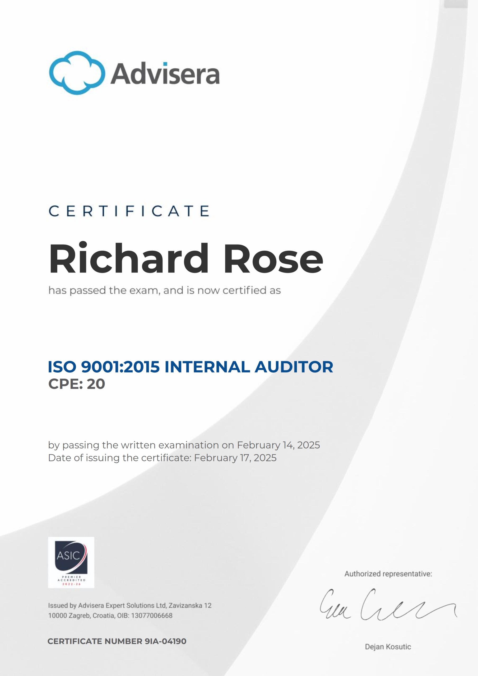 9IA-04190 Certificate ISO 9001 Internal Auditor Richard Rose
