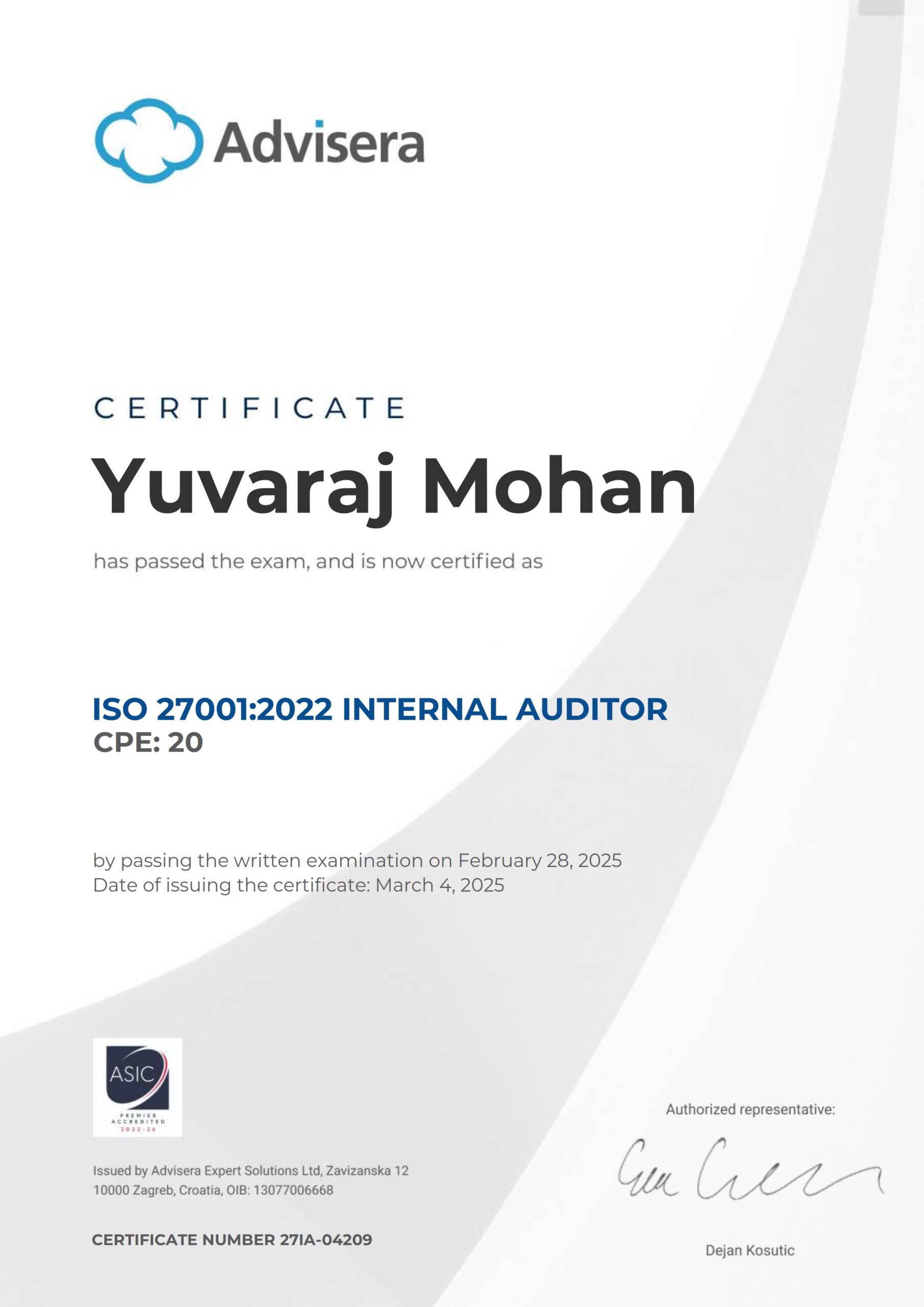 27IA-04209 Certificate ISO 27001 Internal Auditor Yuvaraj Mohan