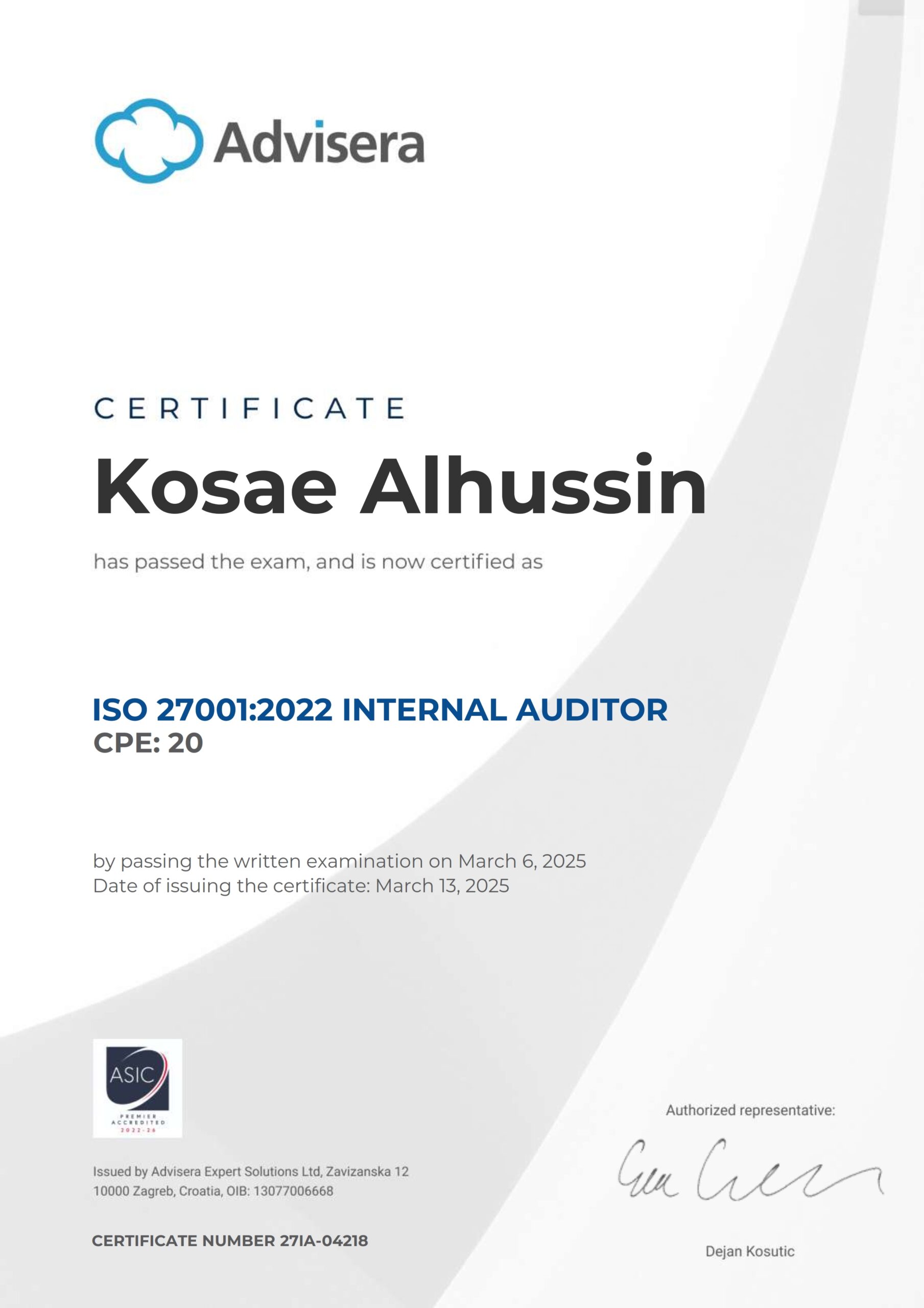 27IA-04218 Certificate ISO 27001 Internal Auditor Kosae Alhussin