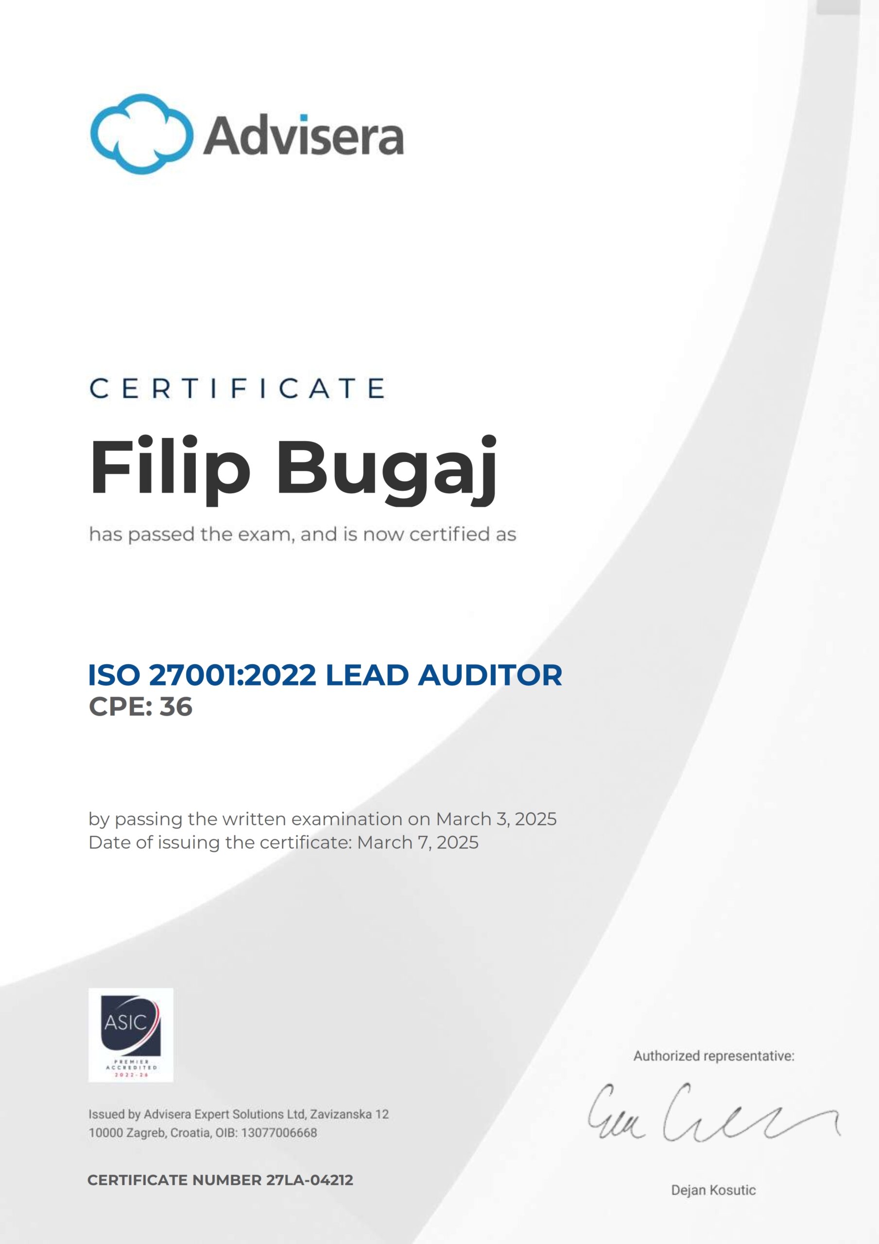 27LA-04212 Certificate ISO 27001 Lead Auditor Filip Bugaj