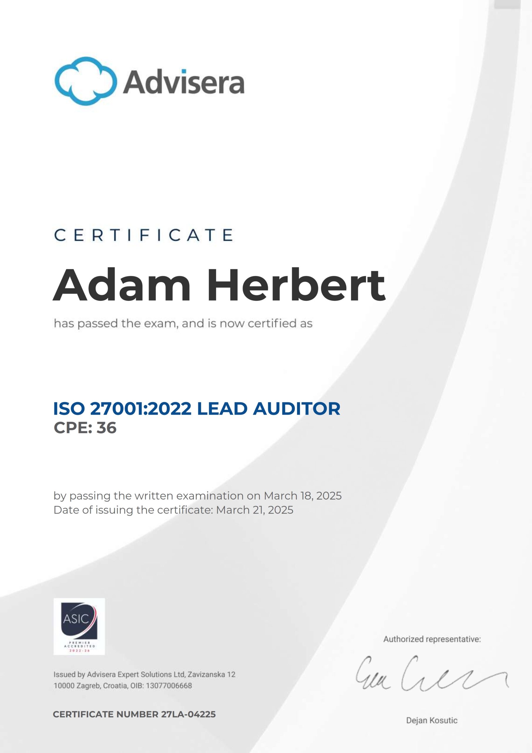 27LA-04225 Certificate ISO 27001 Lead Auditor Adam Herbert