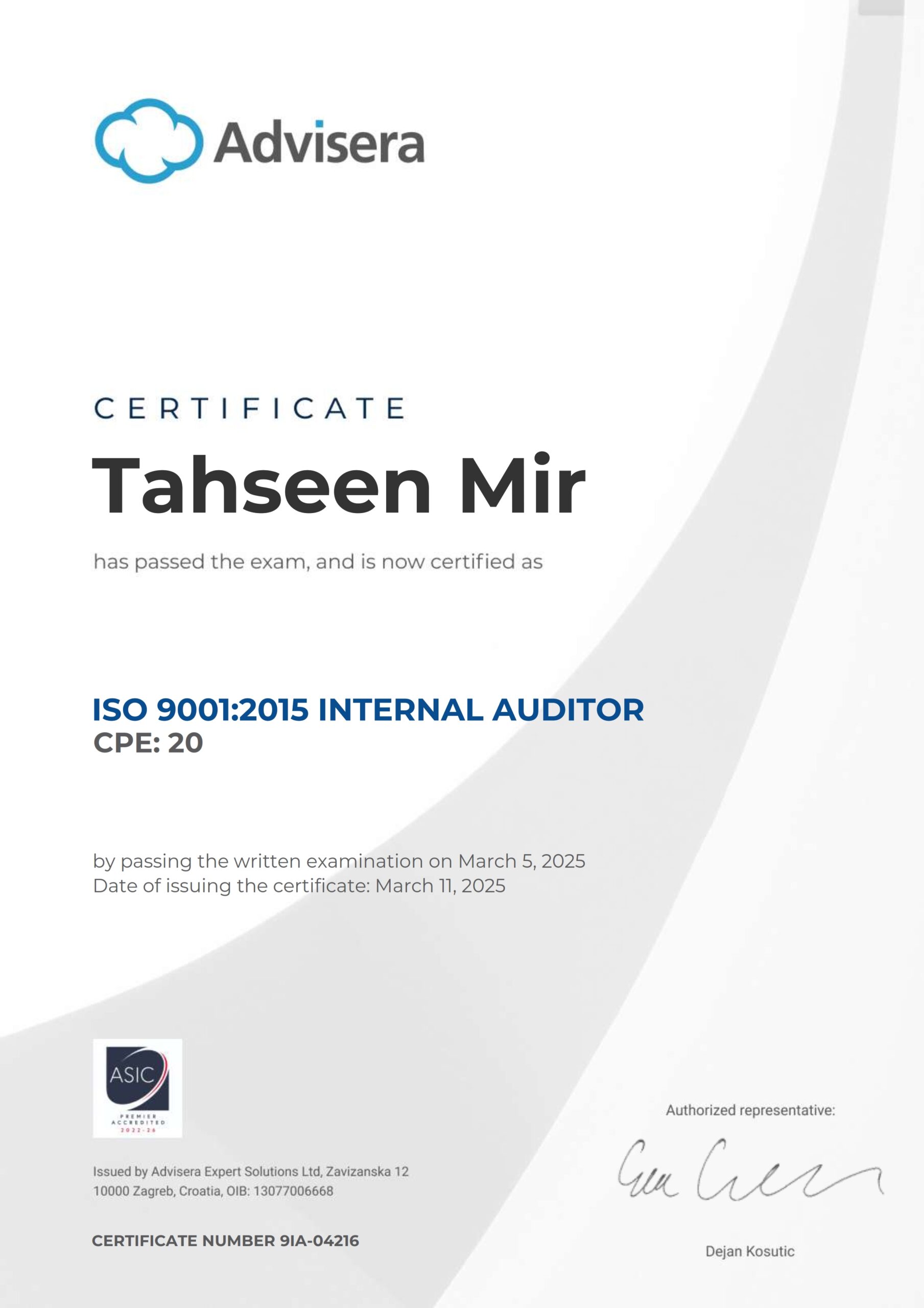 9IA-04216 Certificate ISO 9001 Internal Auditor Tahseen Mir
