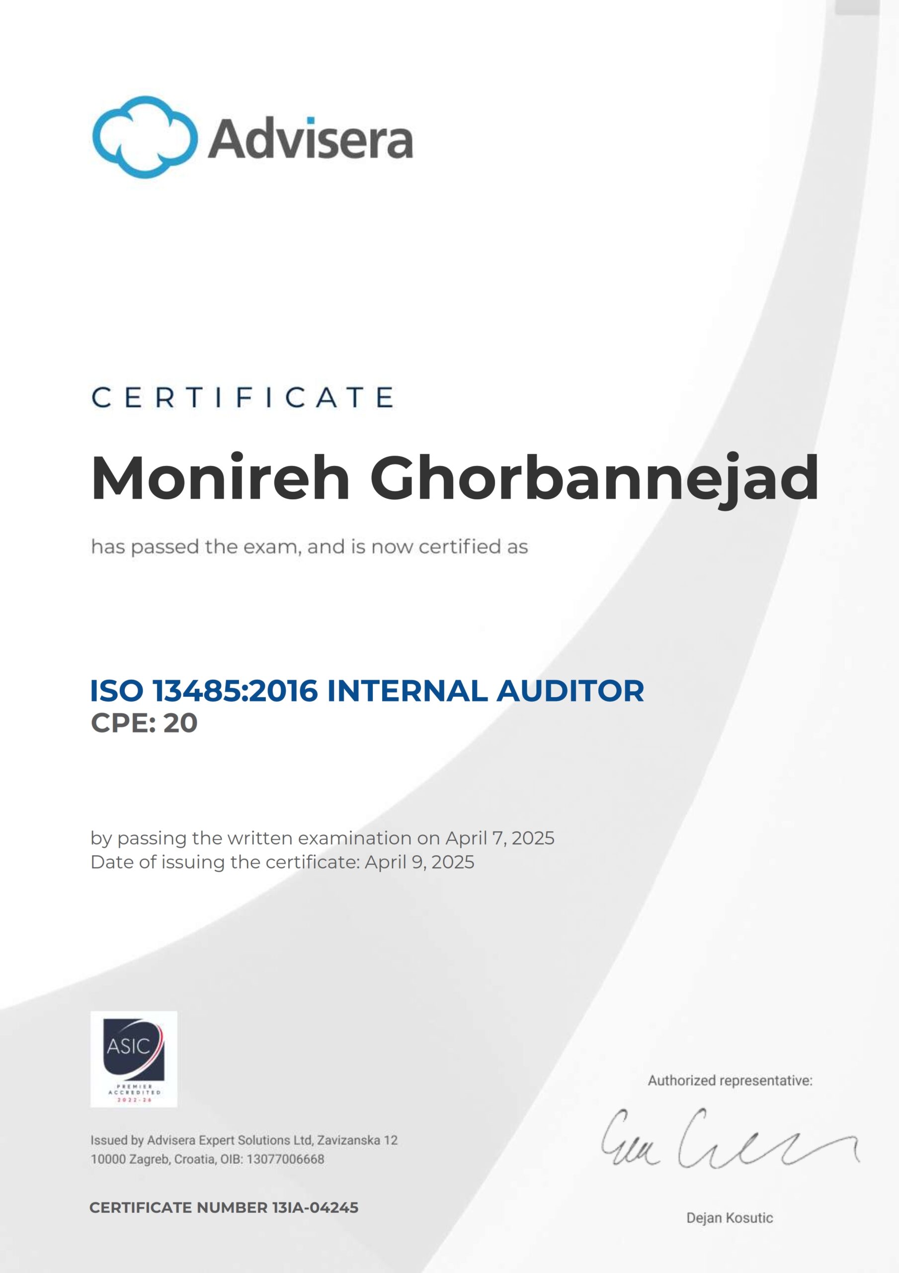 13IA-04245 Certificate ISO 13485 Internal Auditor Monireh Ghorbannejad