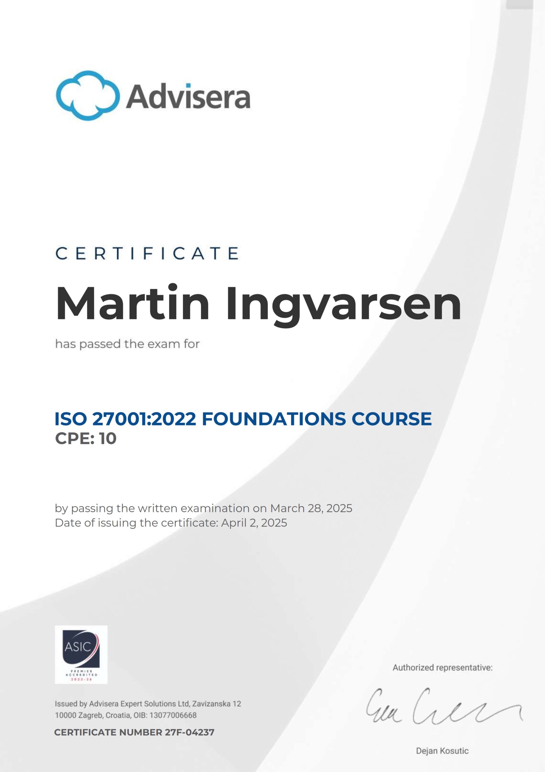 27F-04237 Certificate ISO 27001 Foundations Martin Ingvarsen