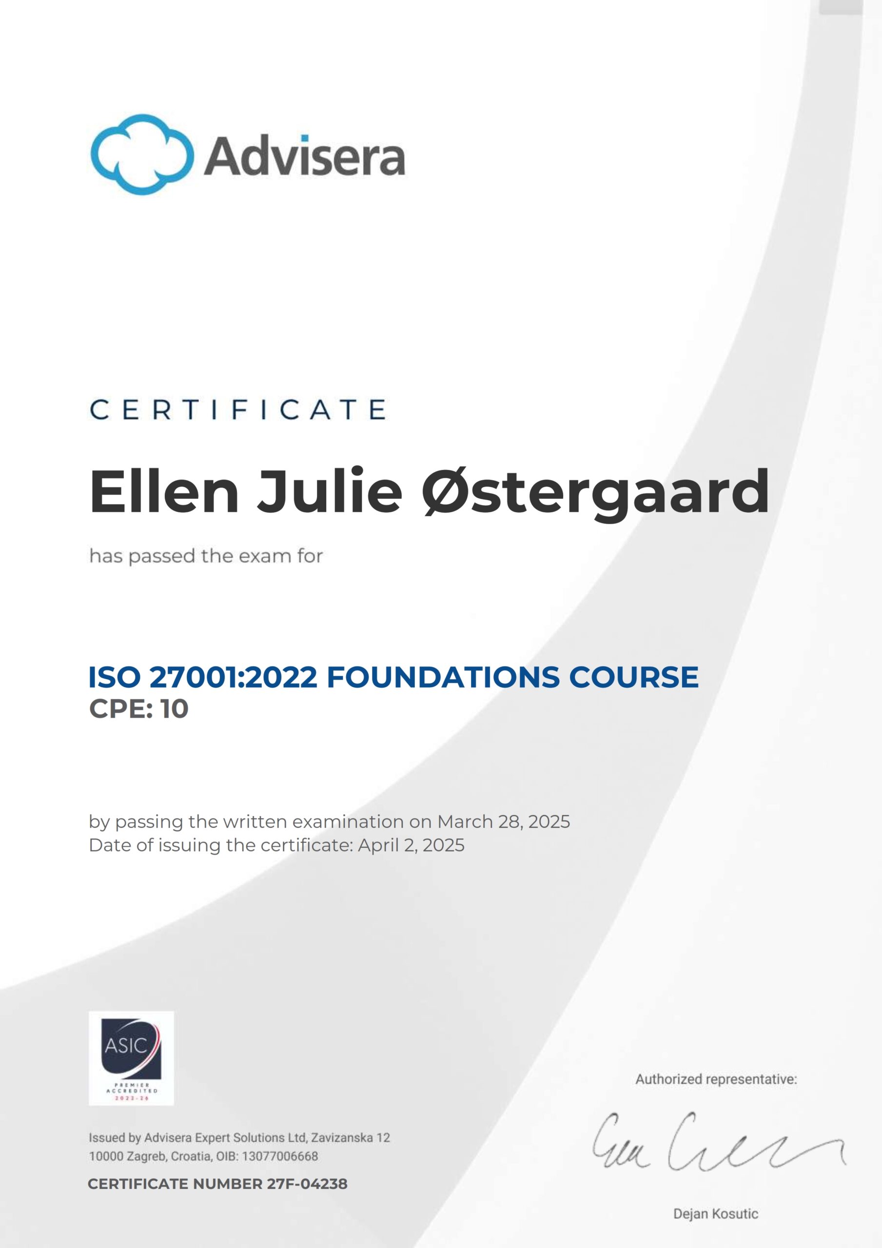 27F-04238 Certificate ISO 27001 Foundations Ellen Julie Østergaard