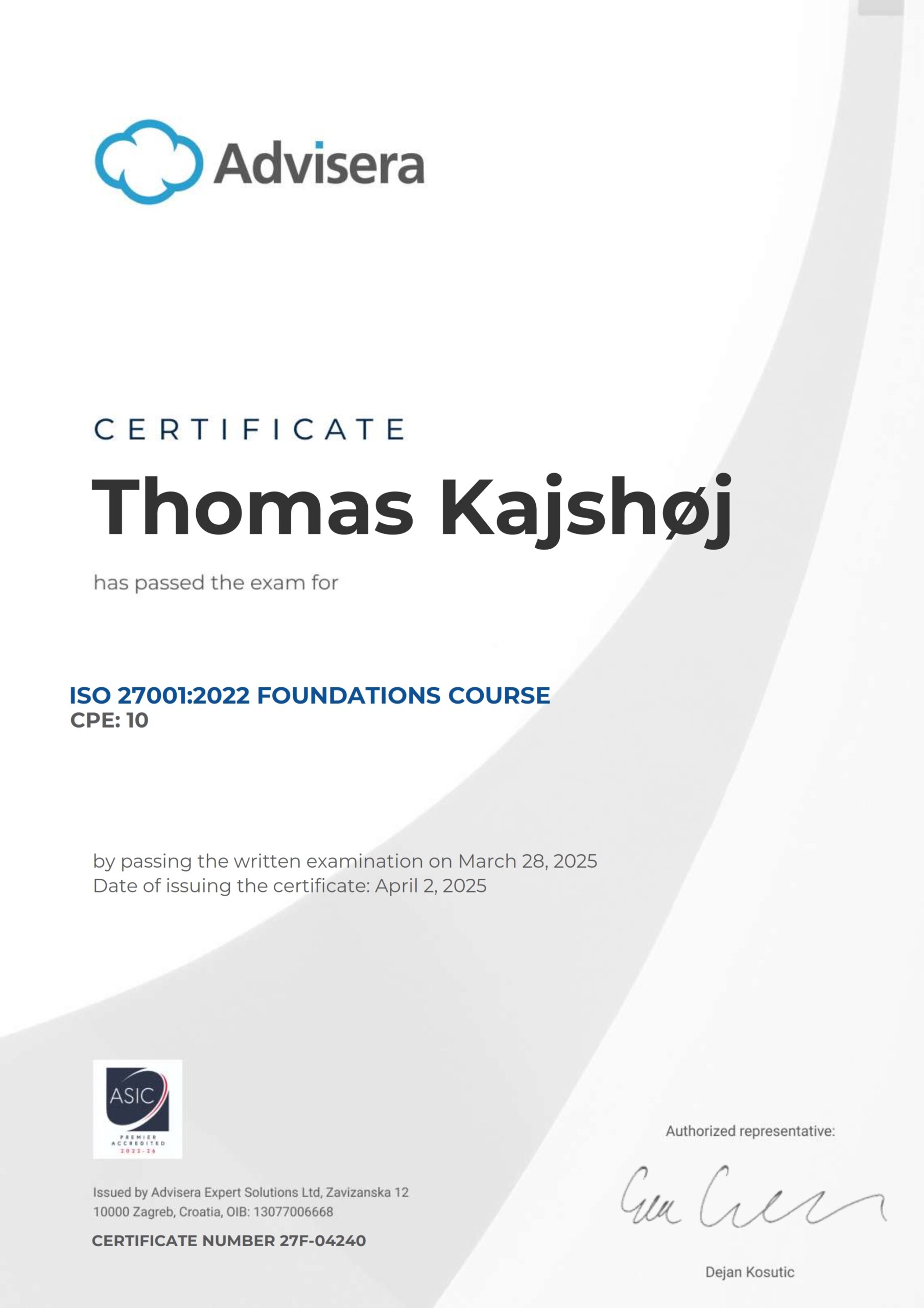 27F-04240 Certificate ISO 27001 Foundations Thomas Kajshøj