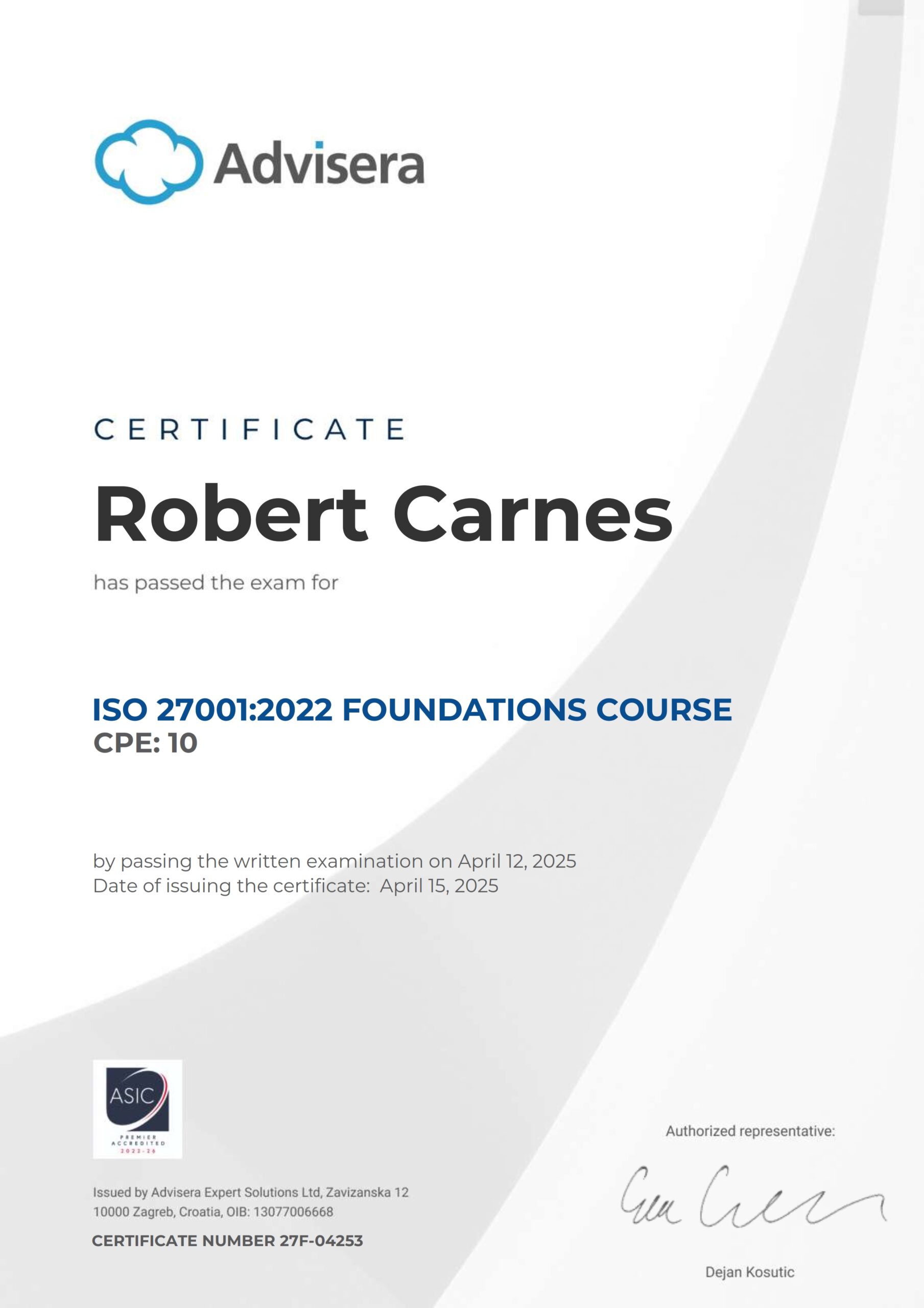 27F-04253 Certificate ISO 27001 Foundations Robert Carnes