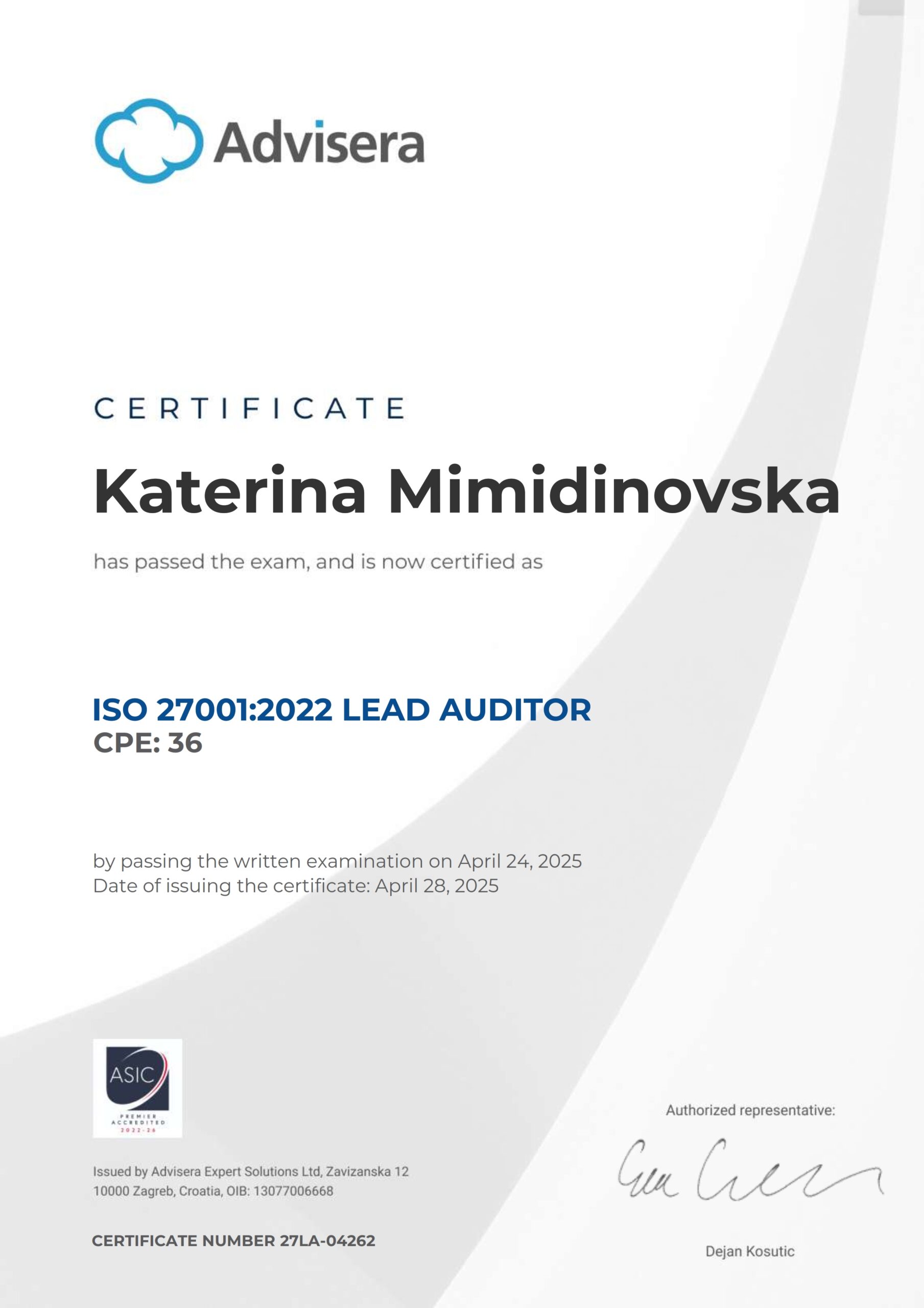 27LA-04262 Certificate ISO 27001 Lead Auditor Katerina Mimidinovska