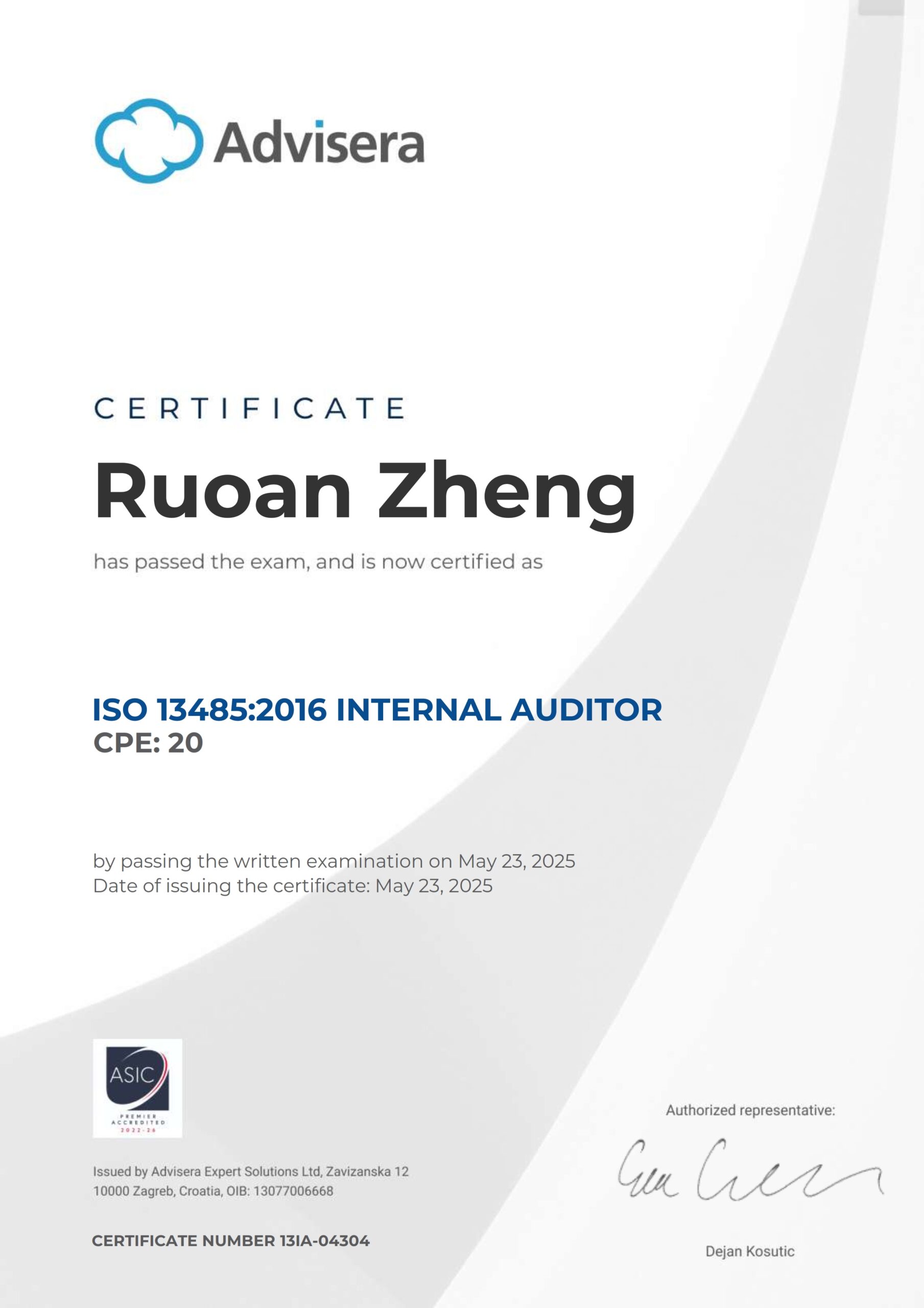 13IA-04304 Certificate ISO 13485 Internal Auditor Ruoan Zheng