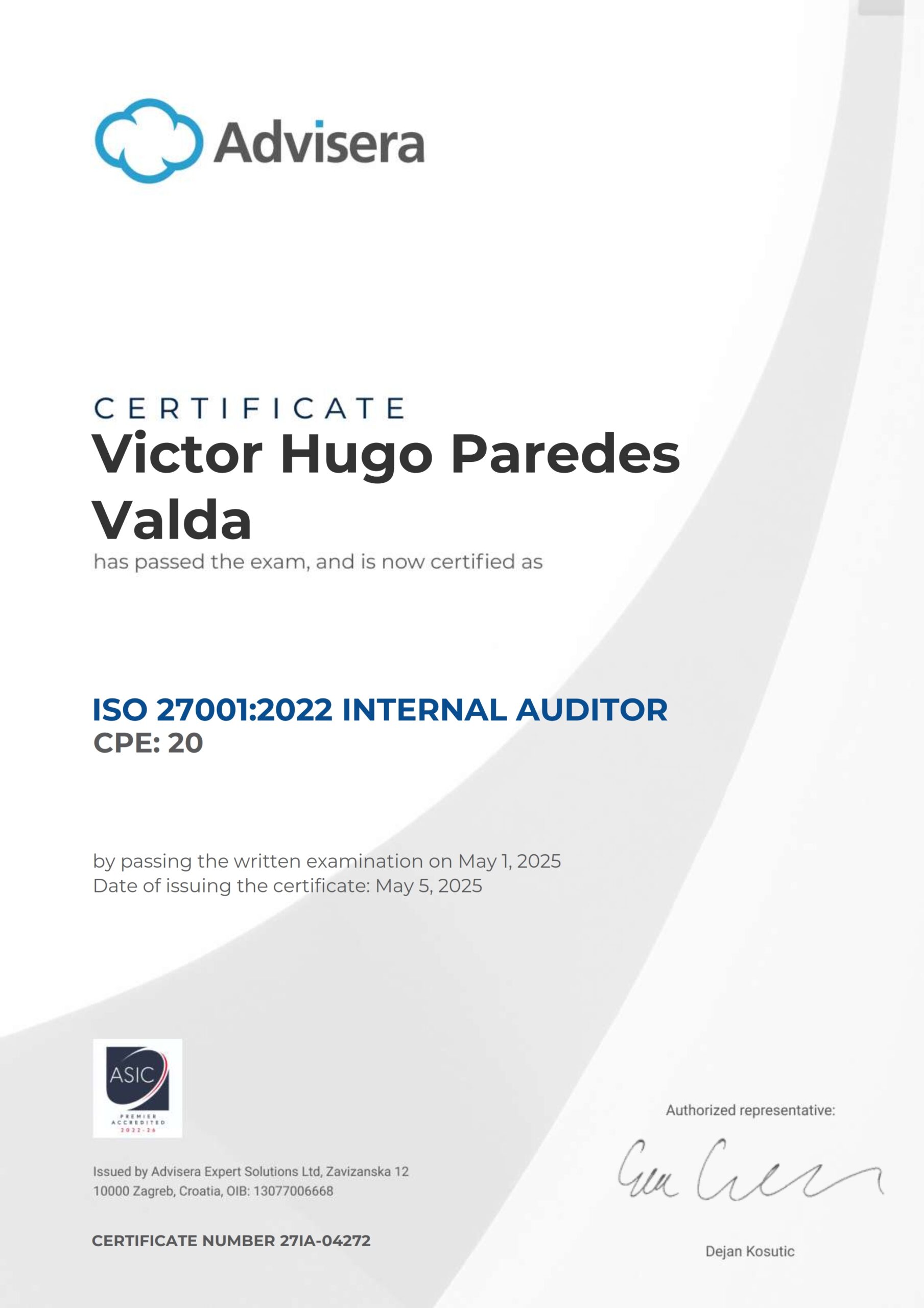 27IA-04272 Certificate ISO 27001 Internal Auditor Victor Hugo Paredes Valda