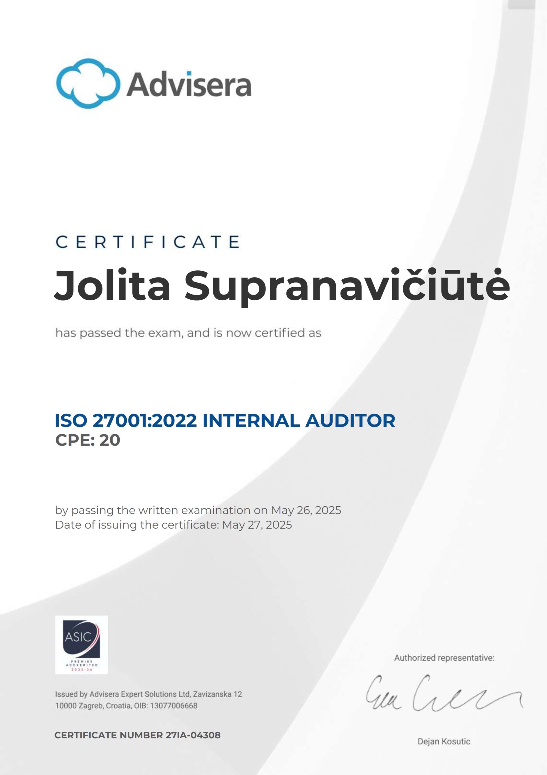 27IA-04308 Certificate ISO 27001 Internal Auditor Jolita Supranavičiūtė