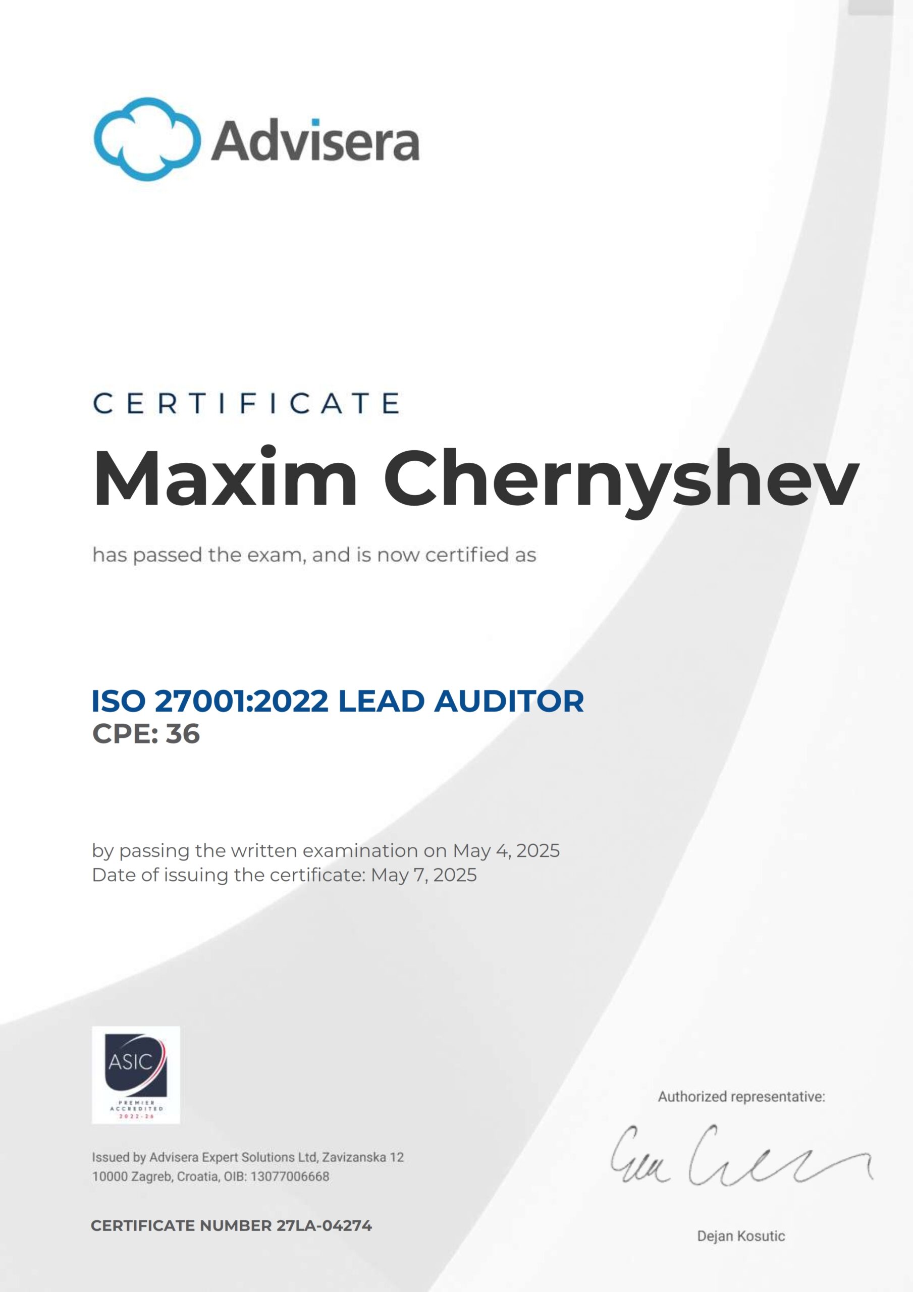 27LA-04274 Certificate ISO 27001 Lead Auditor Maxim Chernyshev