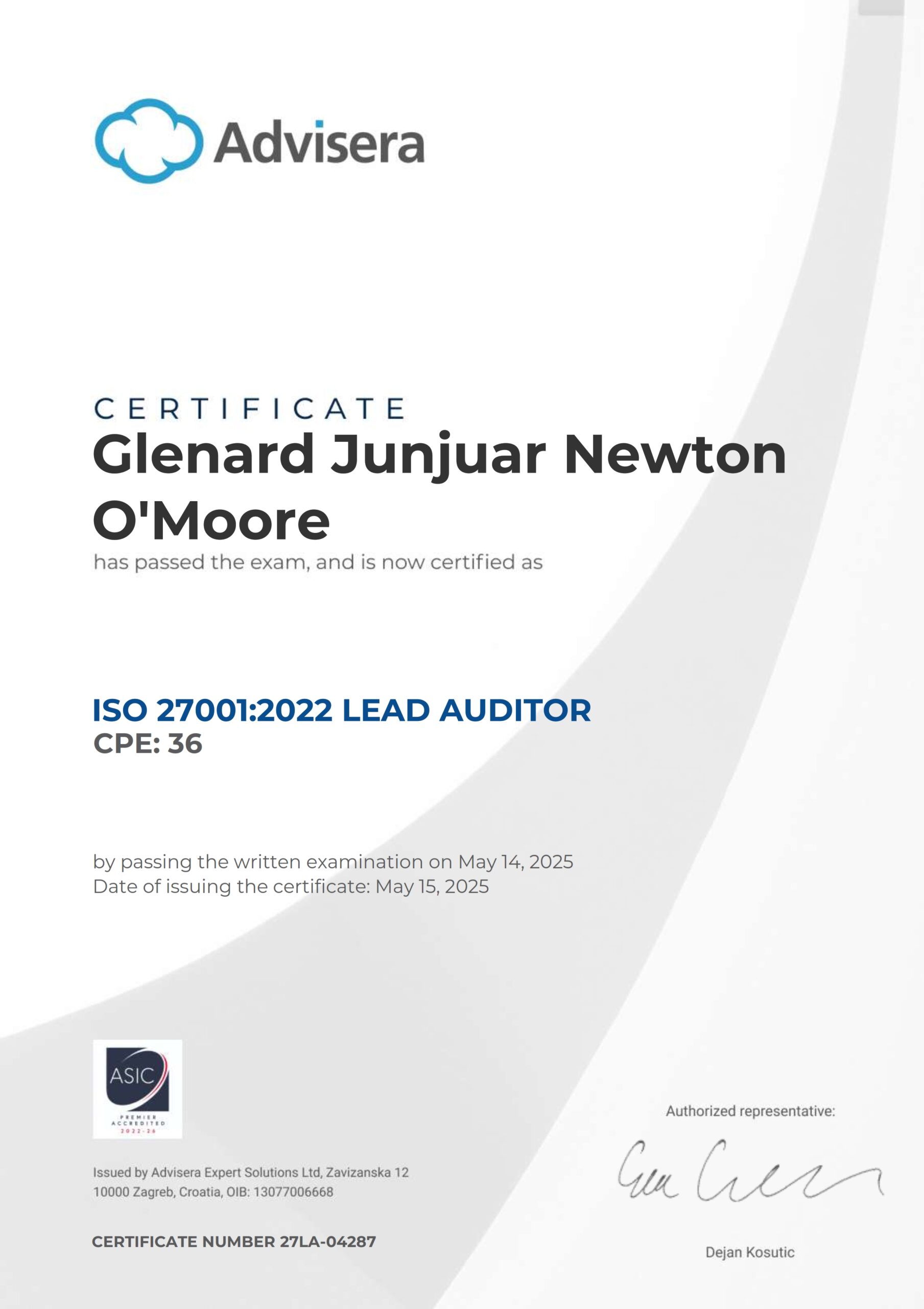27LA-04287 Certificate ISO 27001 Lead Auditor Glenard Junjuar Newton O’Moore
