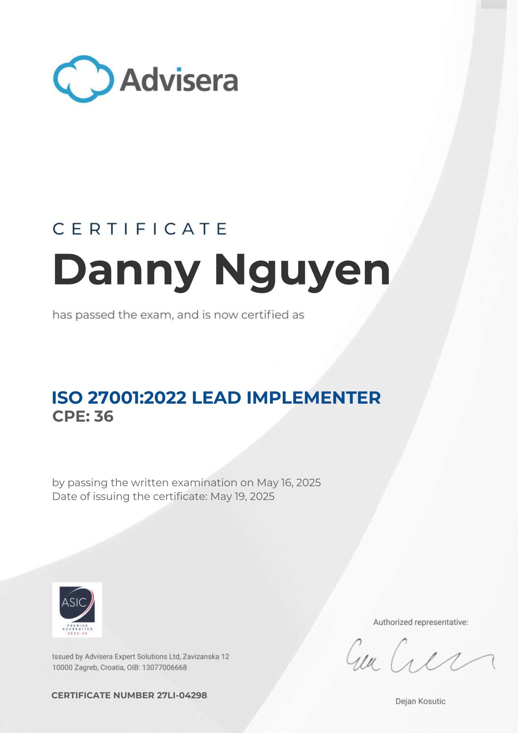 27LI-04298 Certificate ISO 27001 Lead Implementer Danny Nguyen