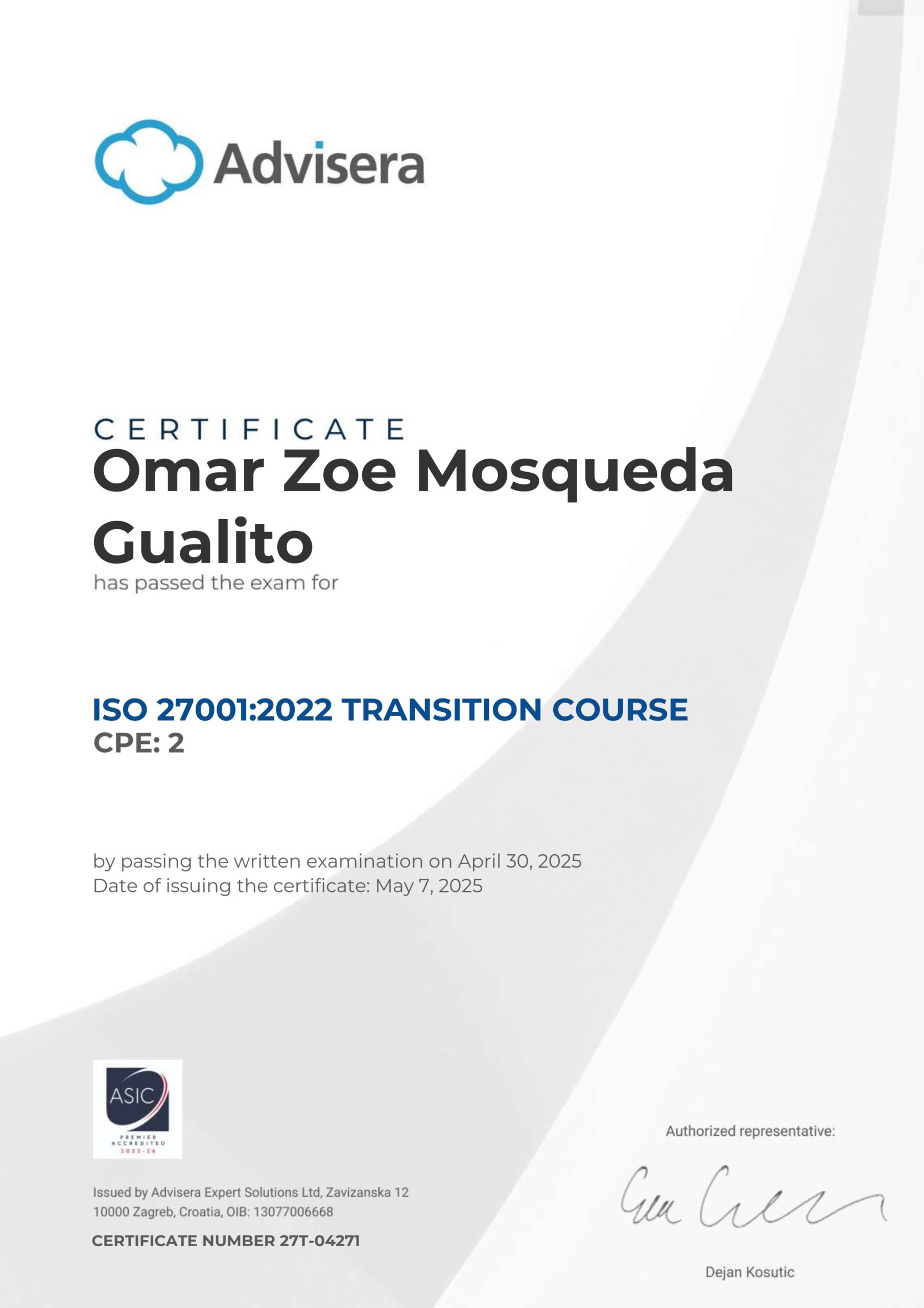 27T-04271 Certificate ISO 27001 Transition Omar Zoe Mosqueda Gualito