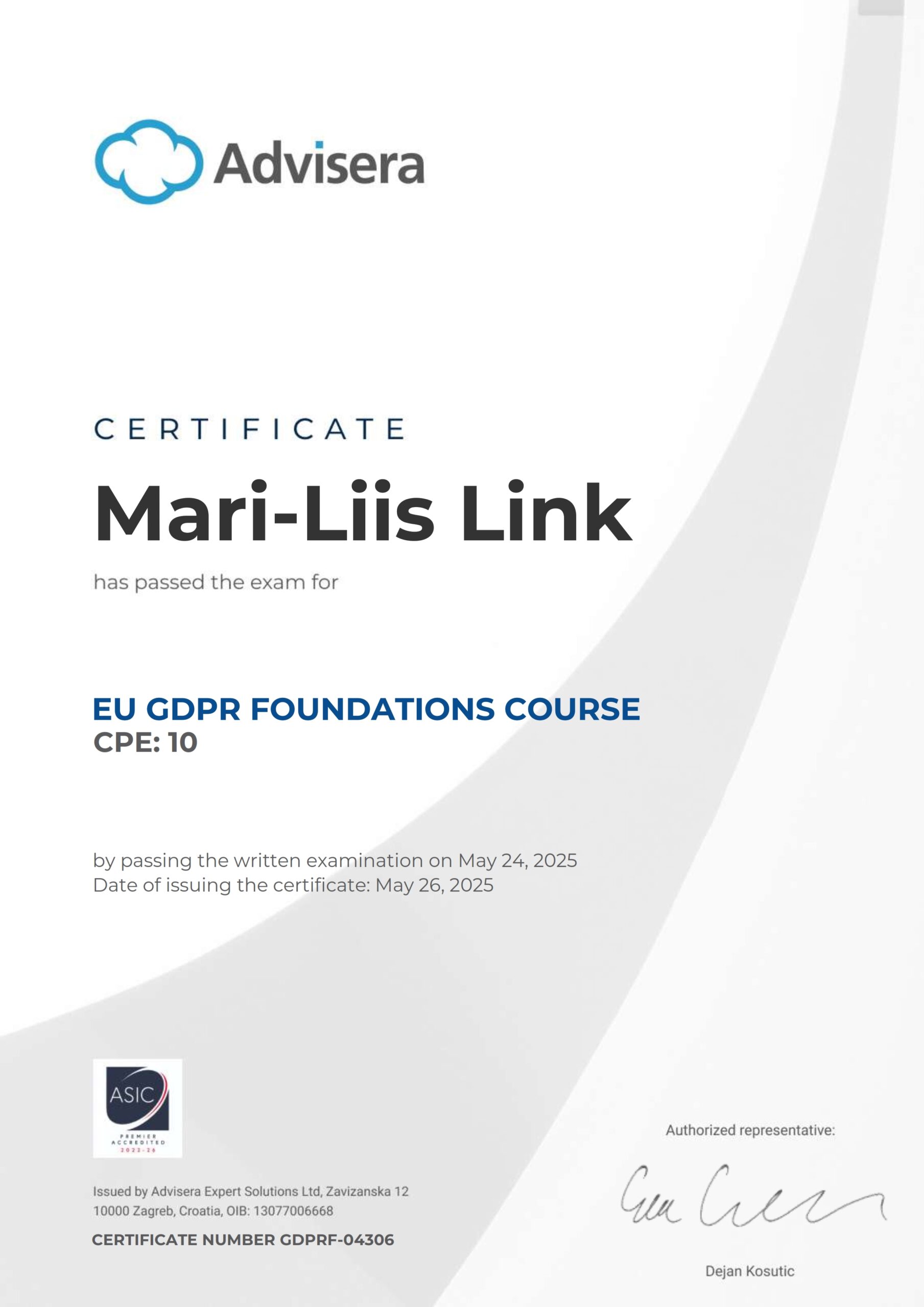GDPRF-04306 Certificate EU GDPR Foundations Mari-Liis Link