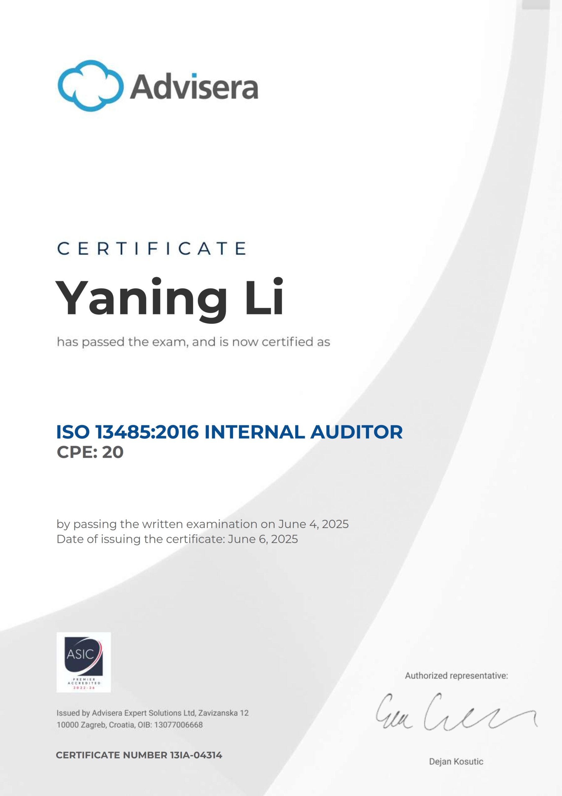 13IA-04314 Certificate ISO 13485 Internal Auditor Yaning Li