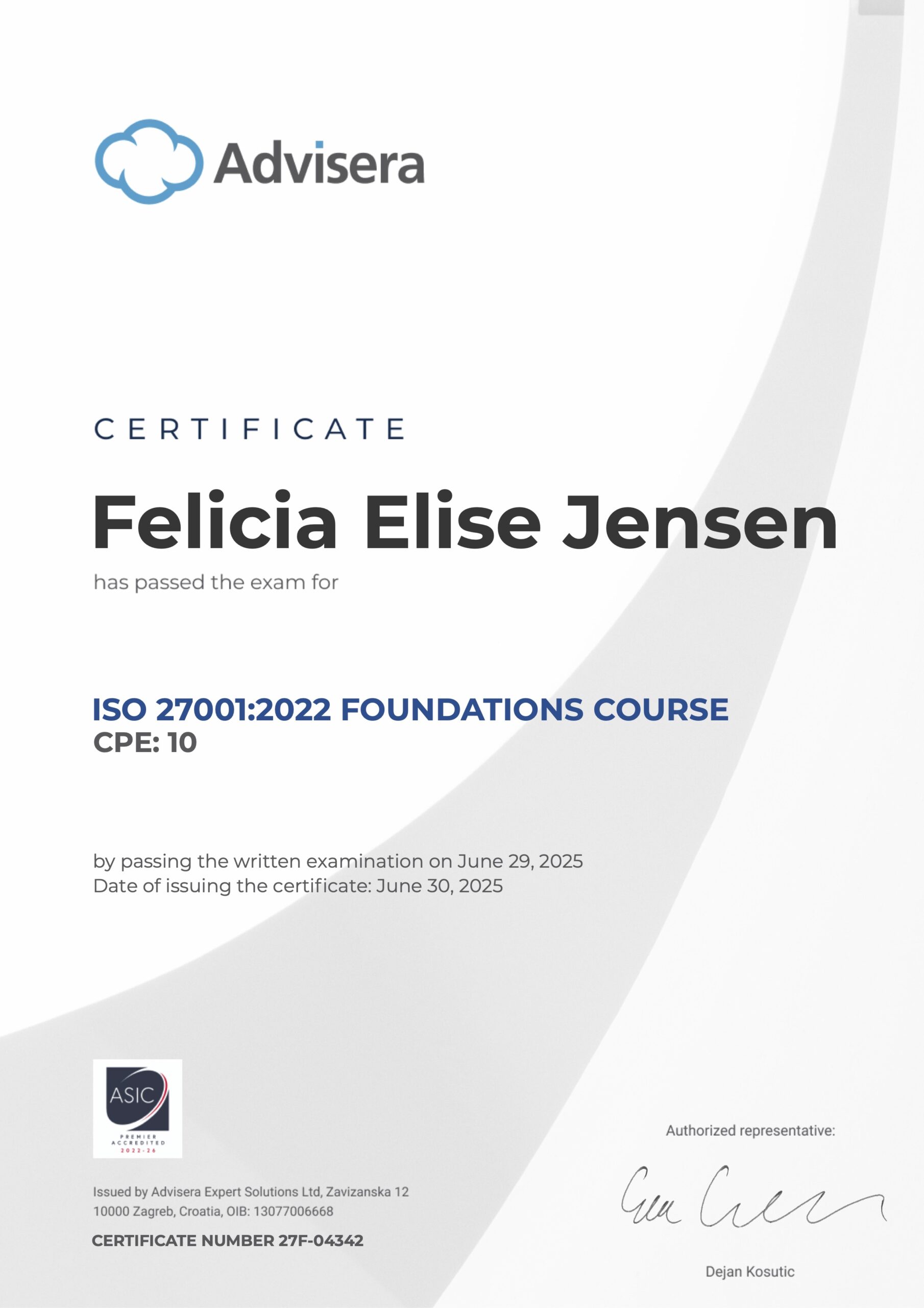 27F-04342 Certificate ISO 27001 Foundations Felicia Elise Jensen