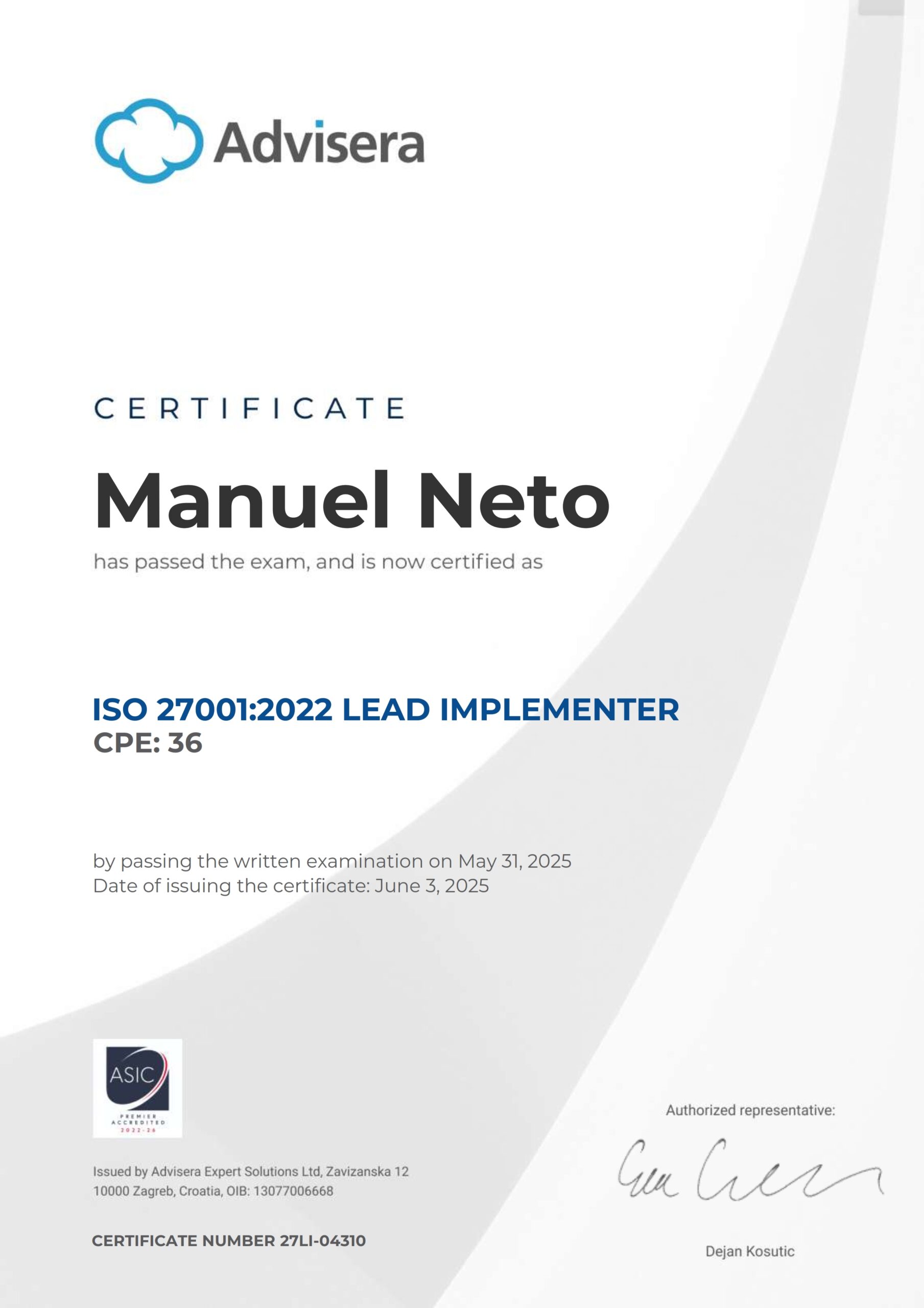27LI-04310 Certificate ISO 27001 Lead Implementer Manuel Neto