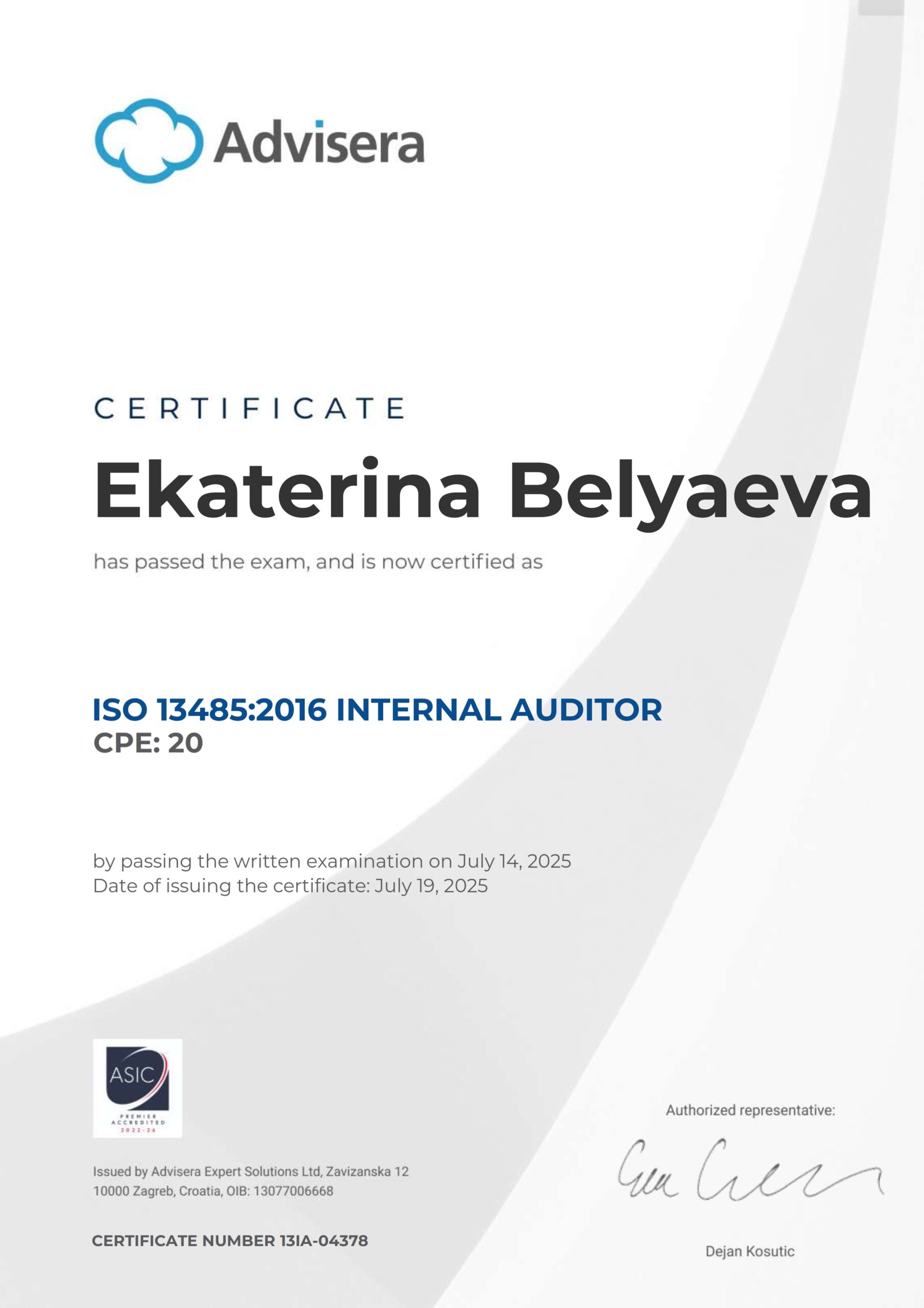 13IA-04378 Certificate ISO 13485 Internal Auditor Ekaterina Belyaeva